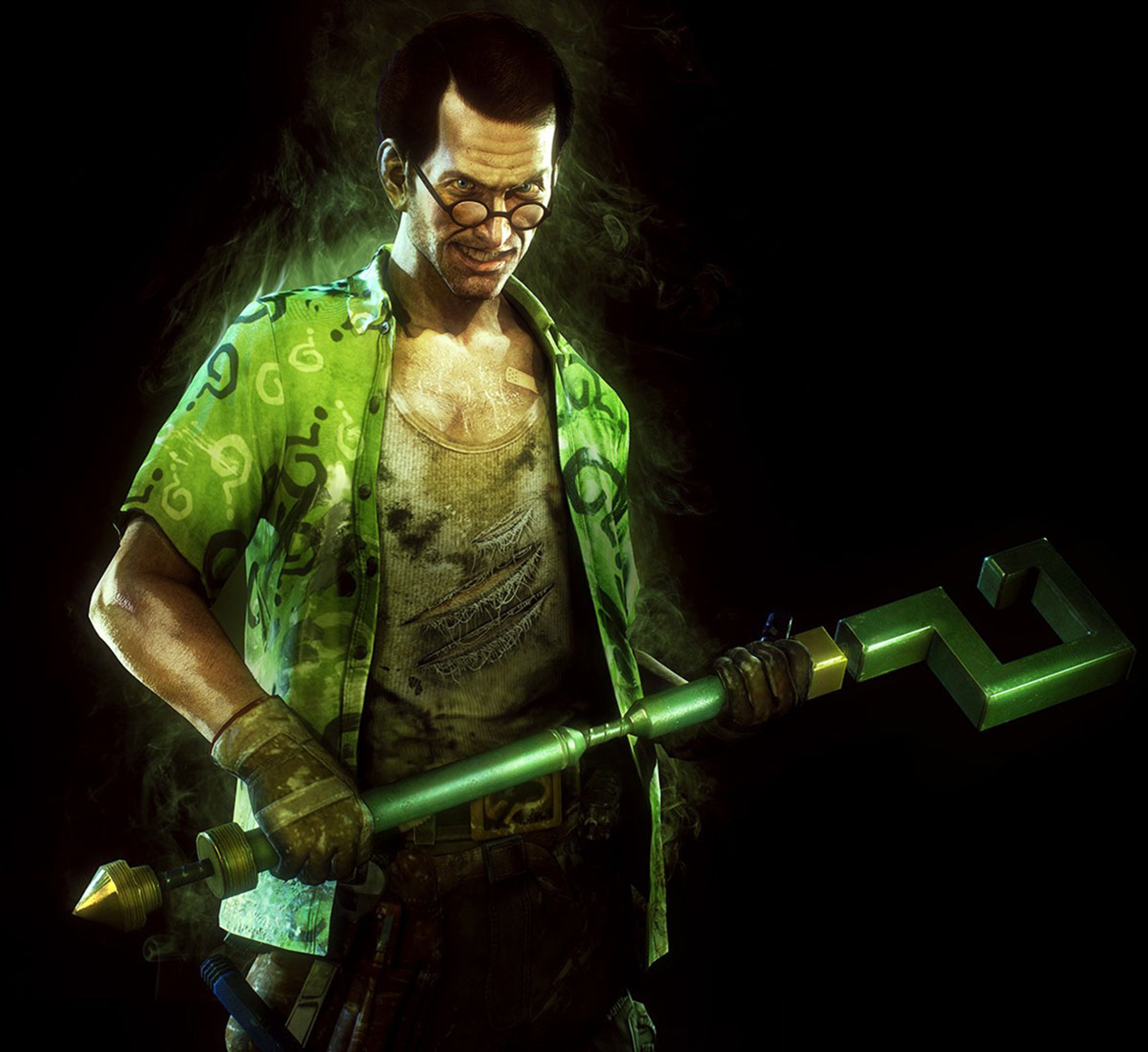 A muscular, shirtless man in a green and black patterned shirt or jacket, holding a large glowing green weapon or tool.