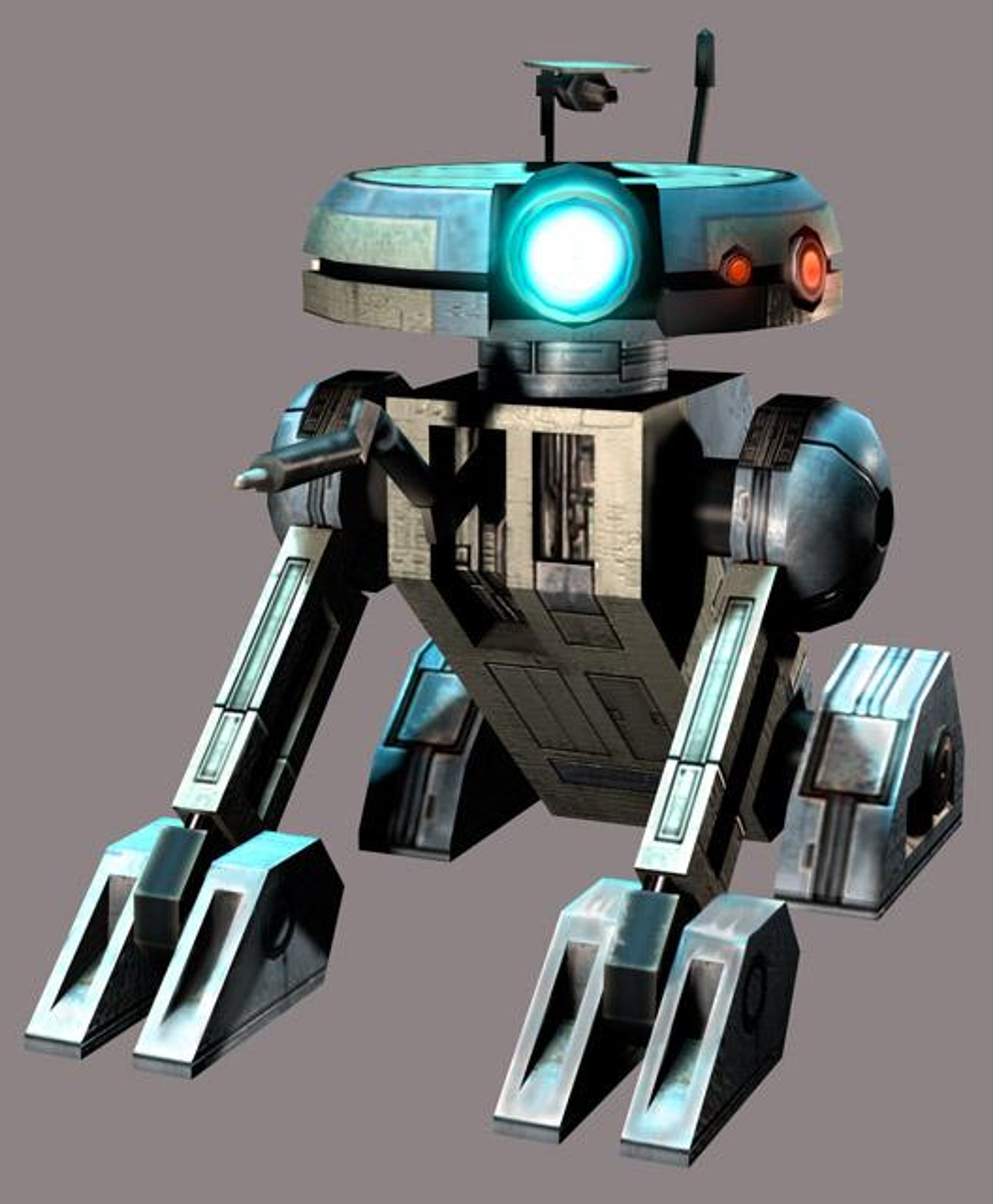 A detailed, futuristic-looking robot or droid with a spherical body, multiple limbs, and glowing blue lights.