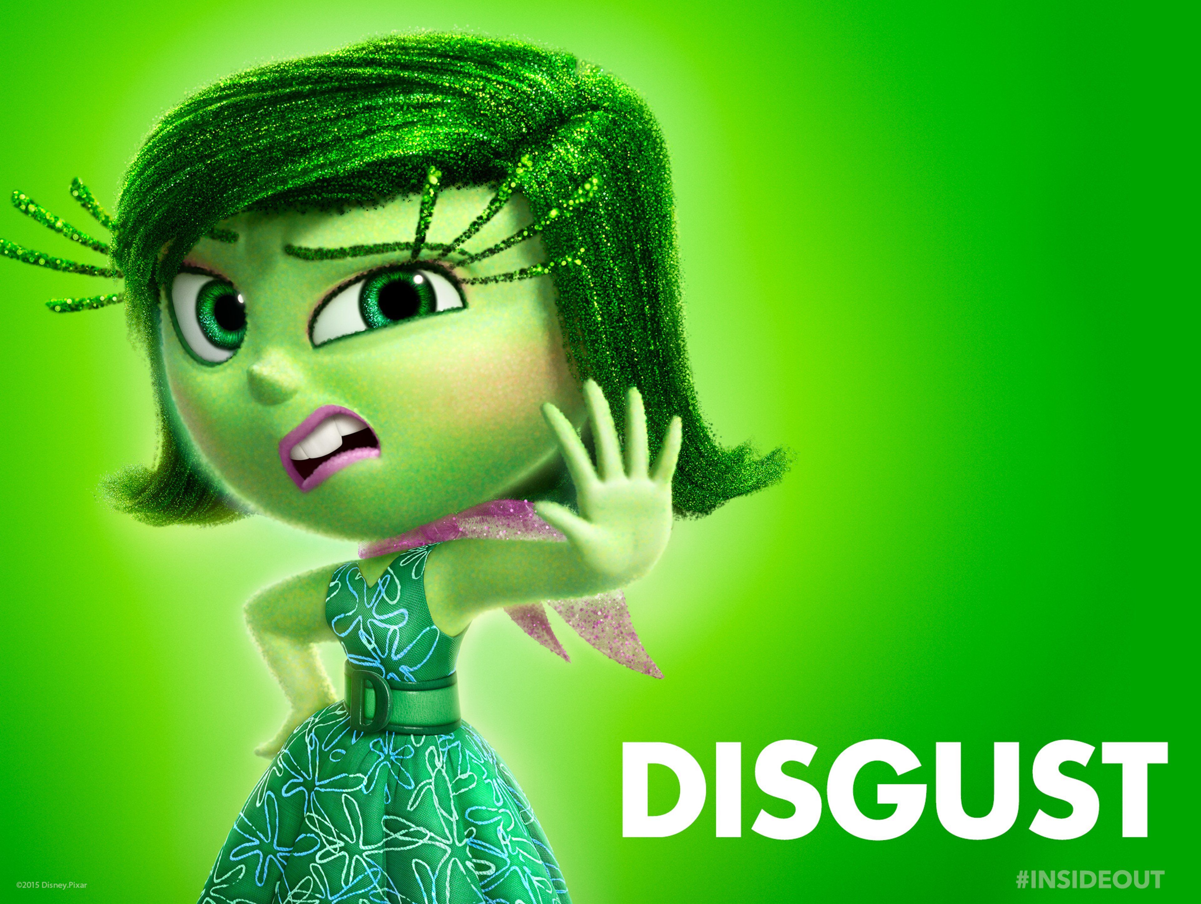 A close-up of the character Disgust from the Pixar movie Inside Out