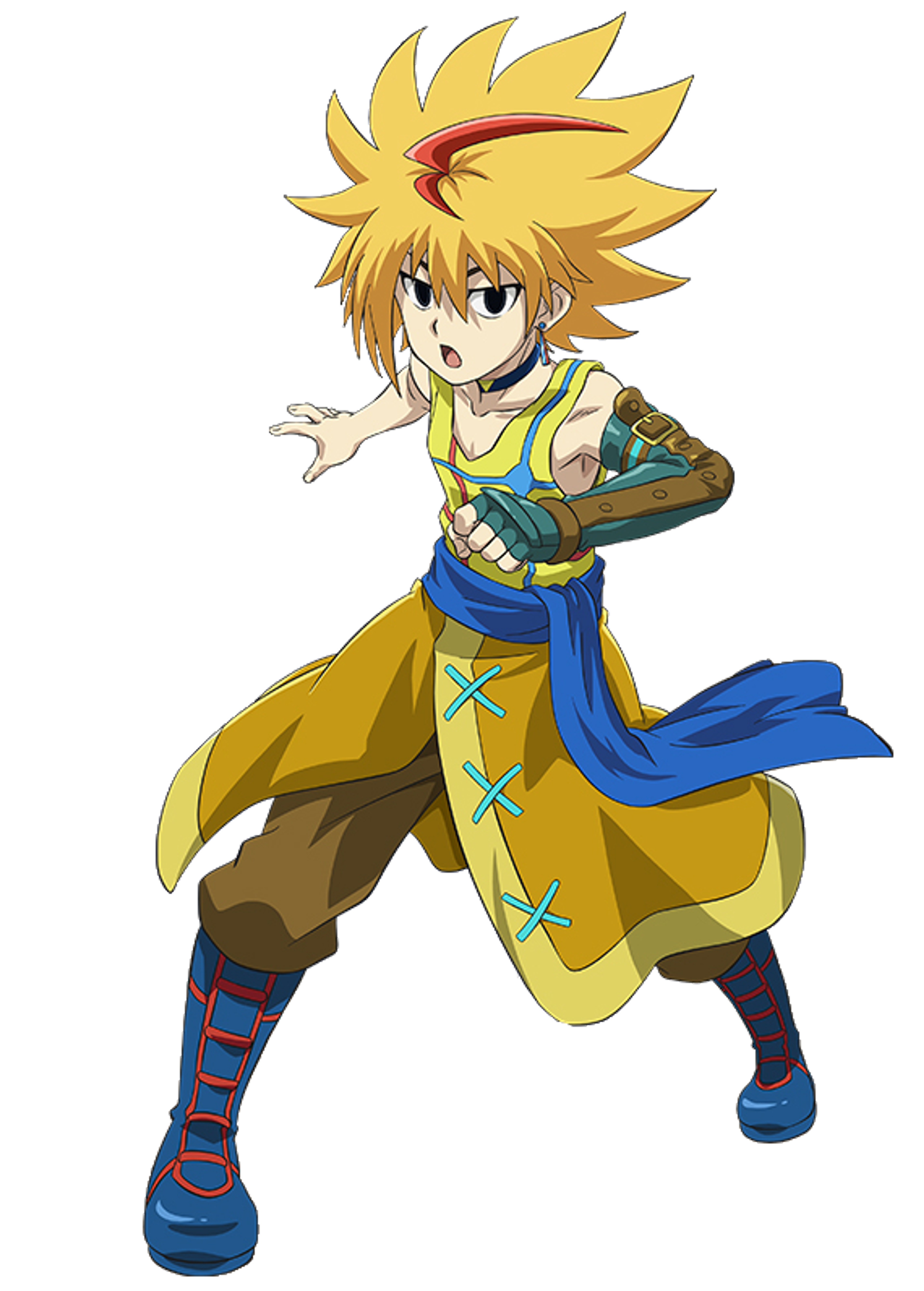 An anime-style character with blond hair and a confident expression, wearing a colorful outfit and in an action-oriented pose.