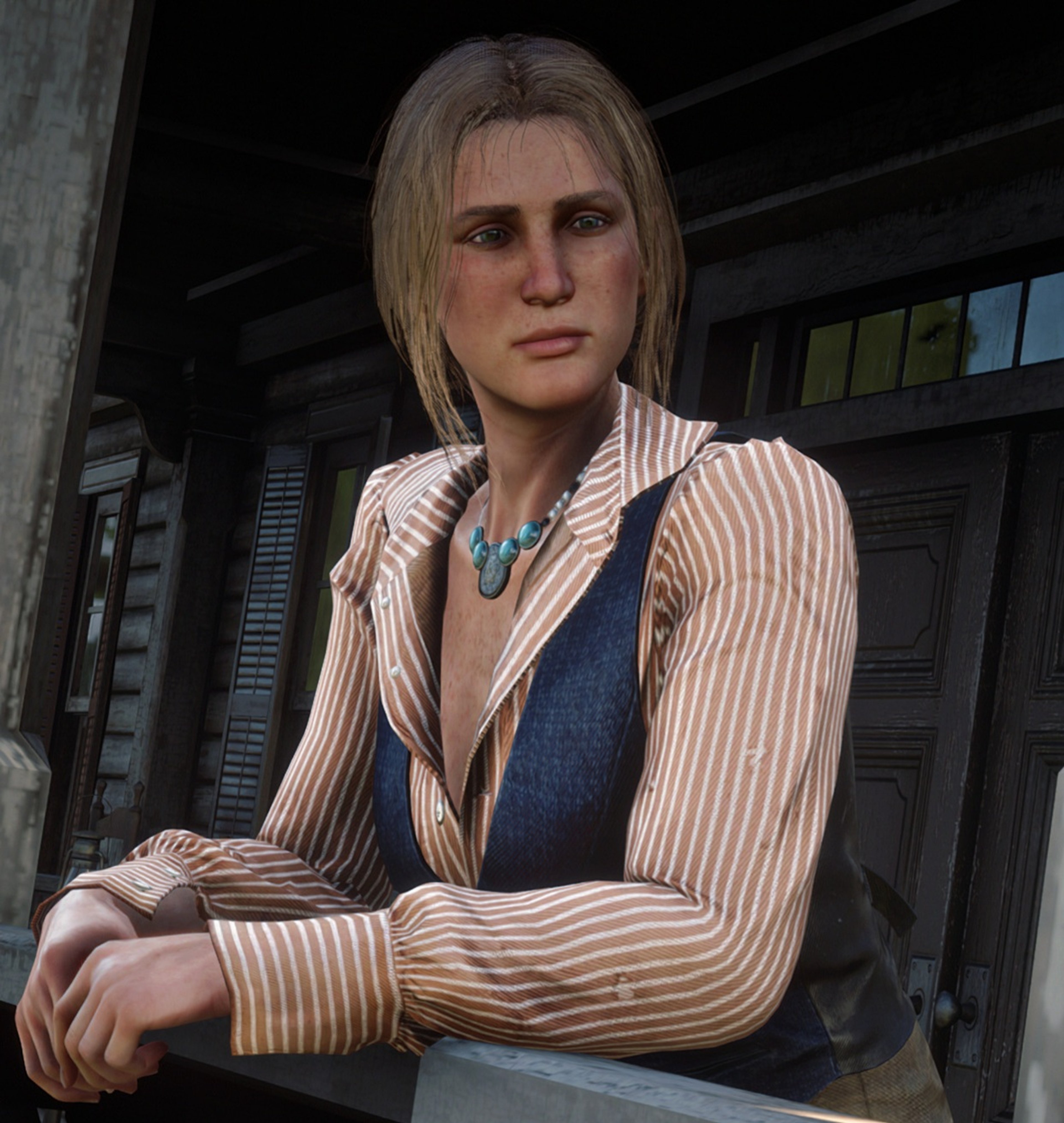 A woman with blonde hair in a braid, wearing ranch-style clothing and standing with a determined expression.