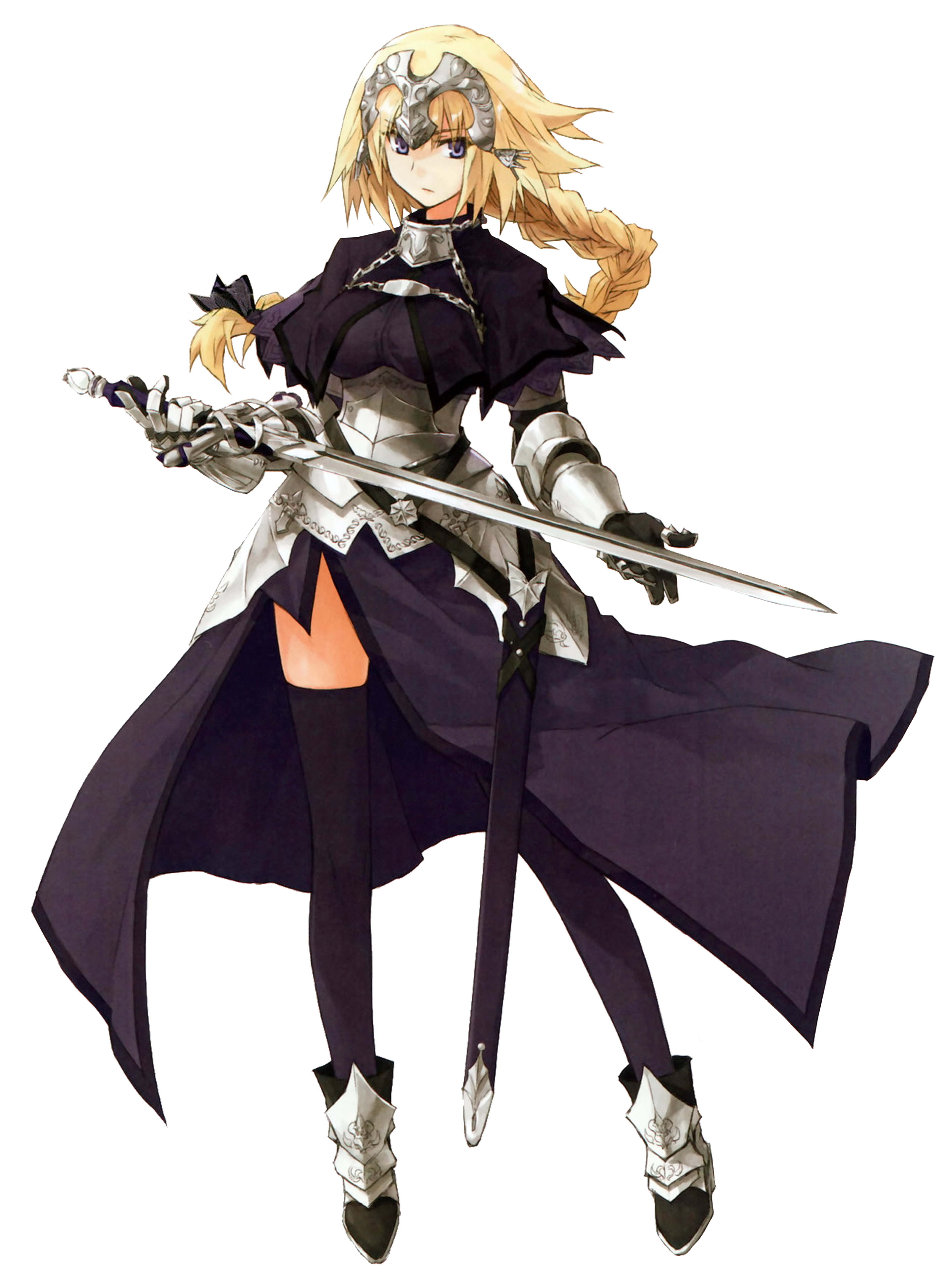 A female character in a black dress and cape holding a sword