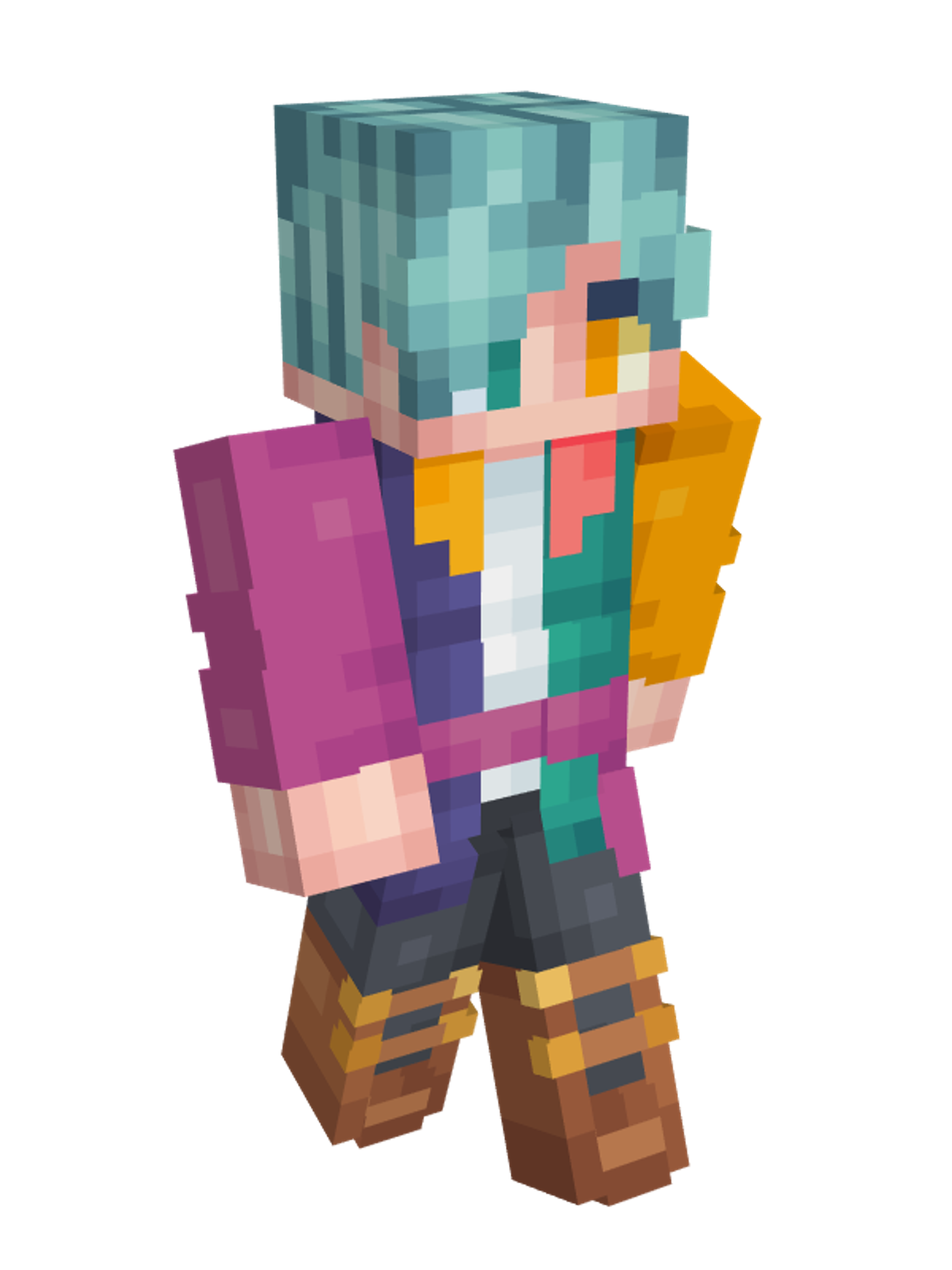A colorful, pixelated character with teal hair, heterochromatic eyes, and a vibrant, patterned jacket.