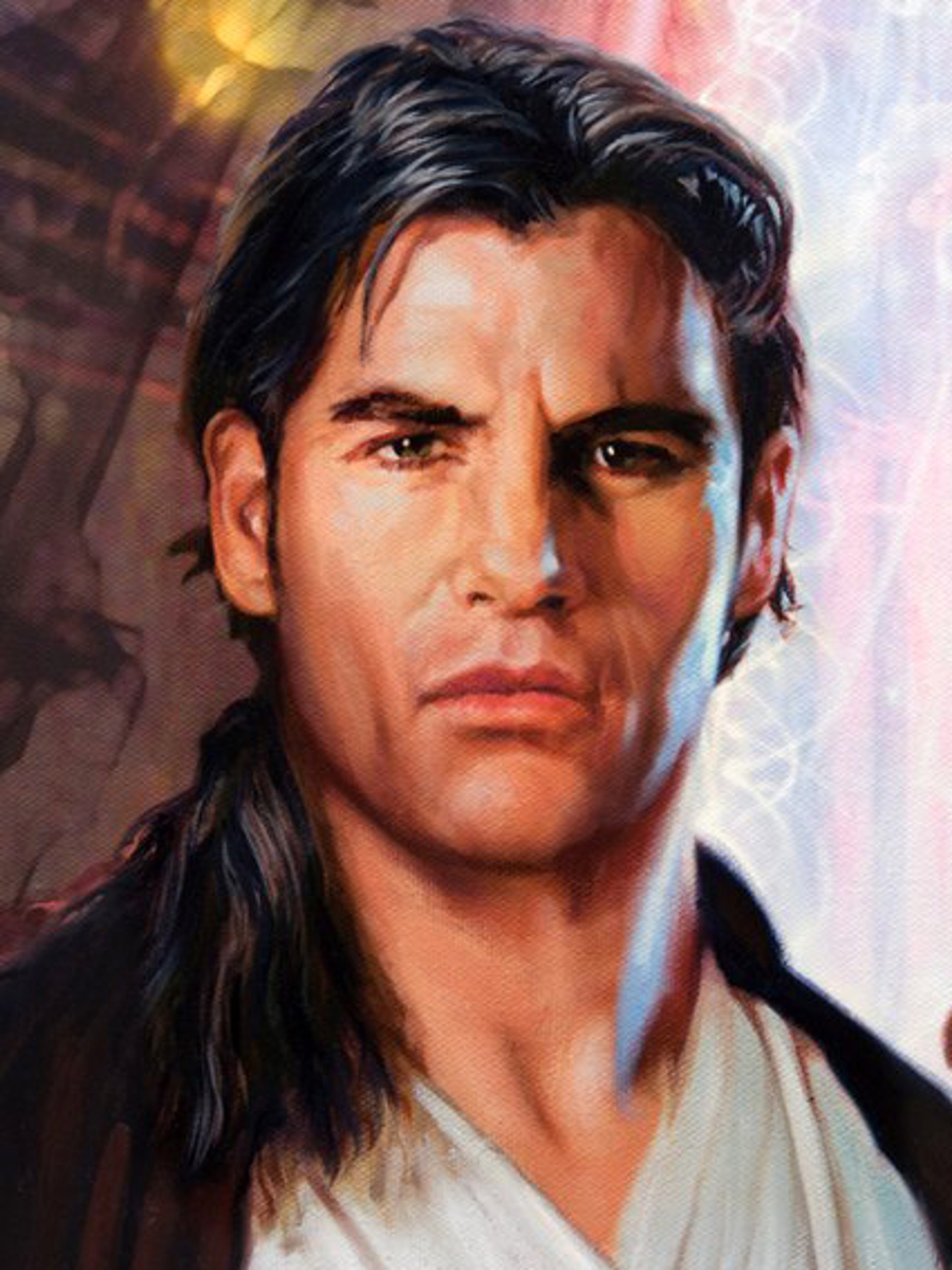 A man with long dark hair and a serious expression, wearing a light-colored shirt or tunic.
