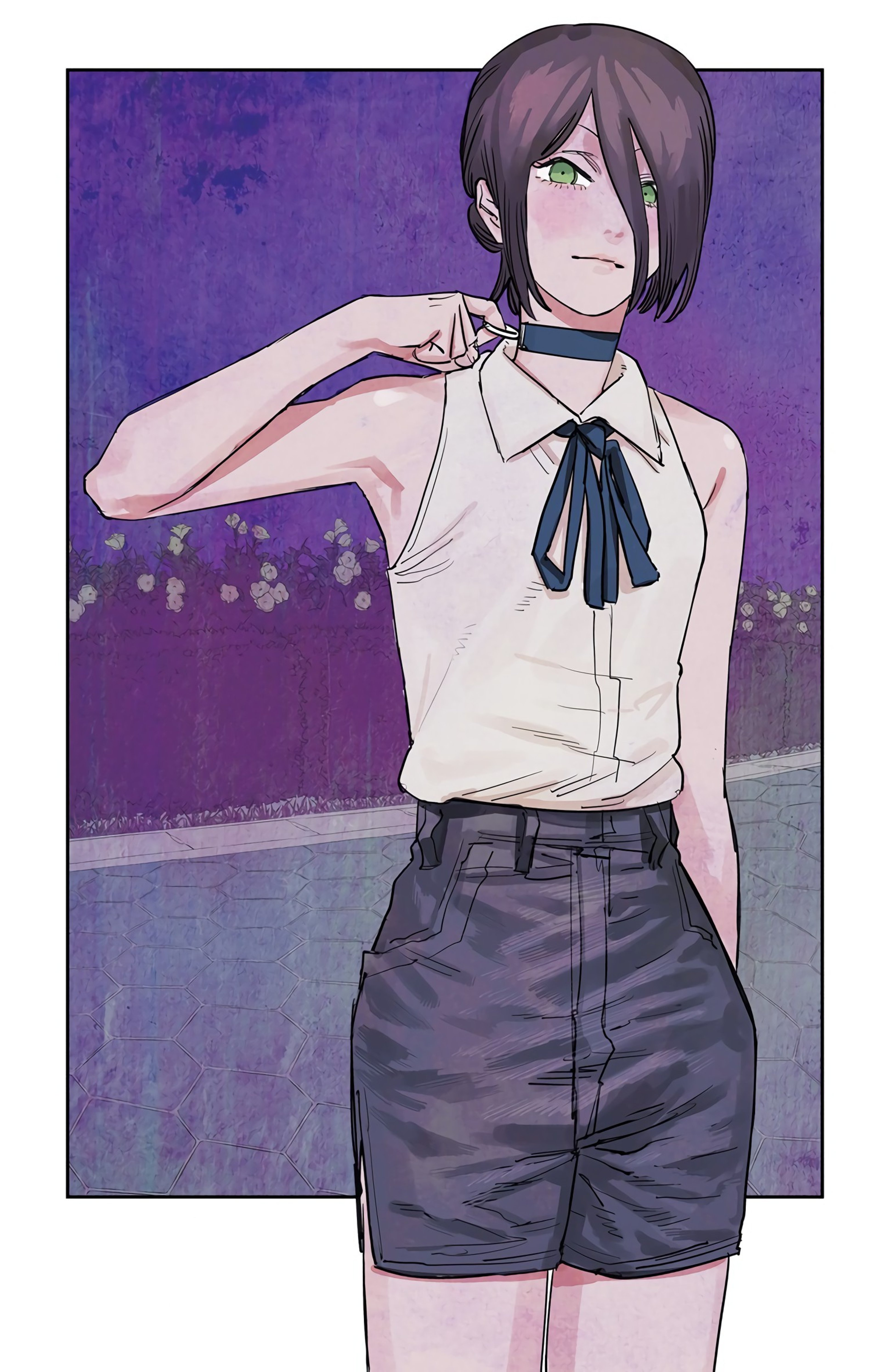 A young woman with short dark hair wearing a white shirt with a bow tie, standing in an outdoor setting with a purple background.