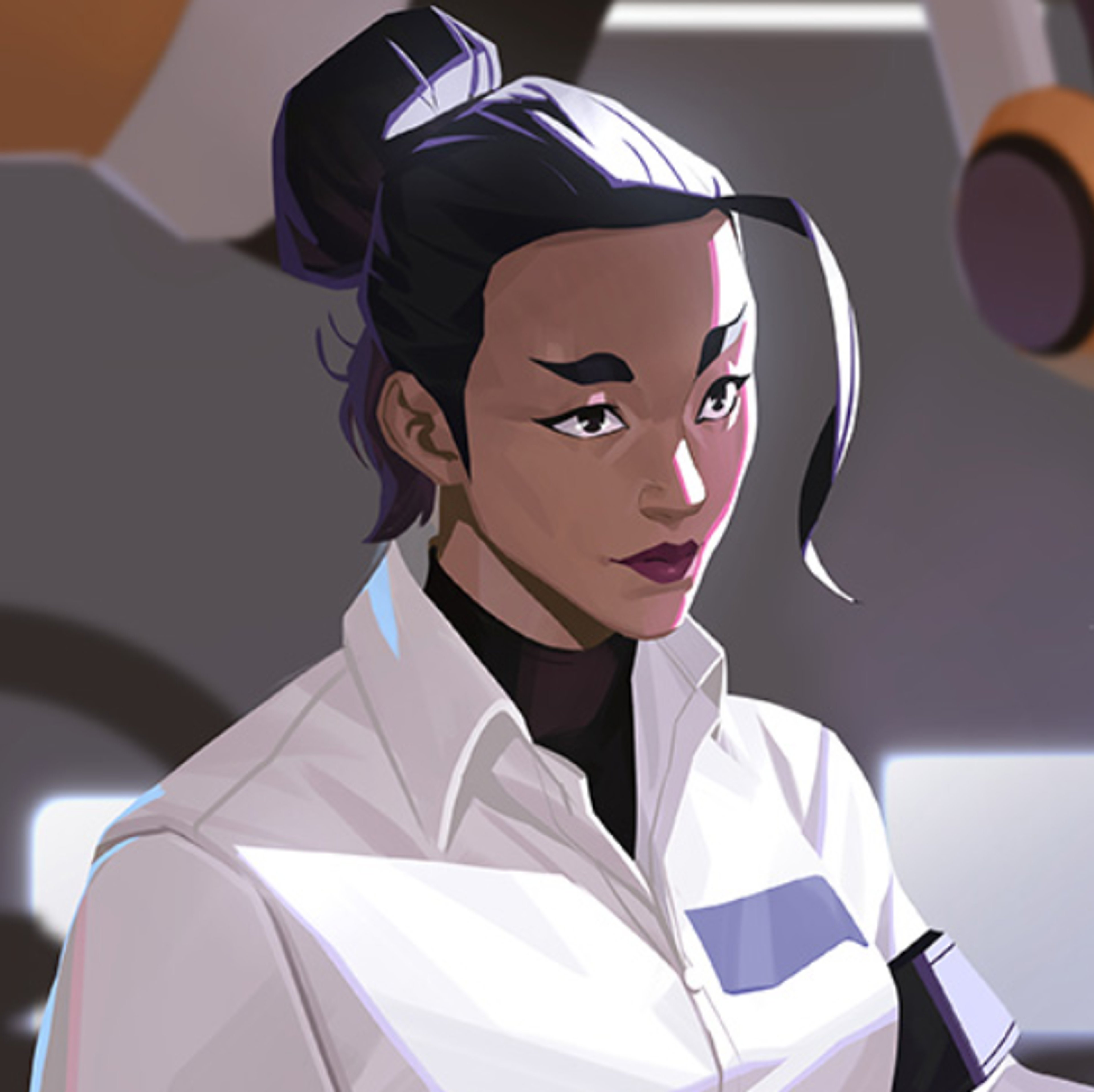 A woman in a white lab coat with short dark hair