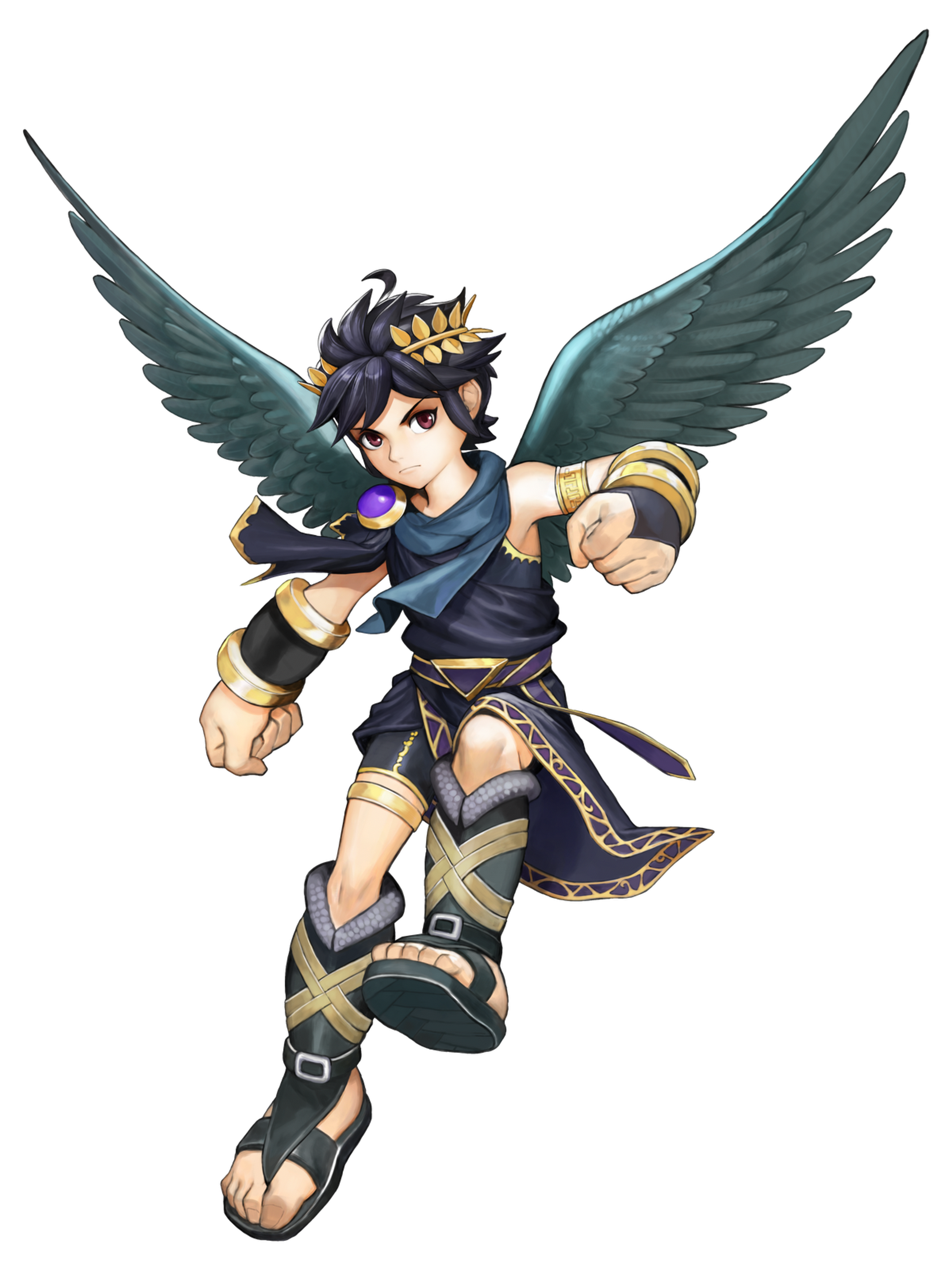A winged humanoid character in a dynamic action pose, wearing a black and gold outfit with armor-like elements.