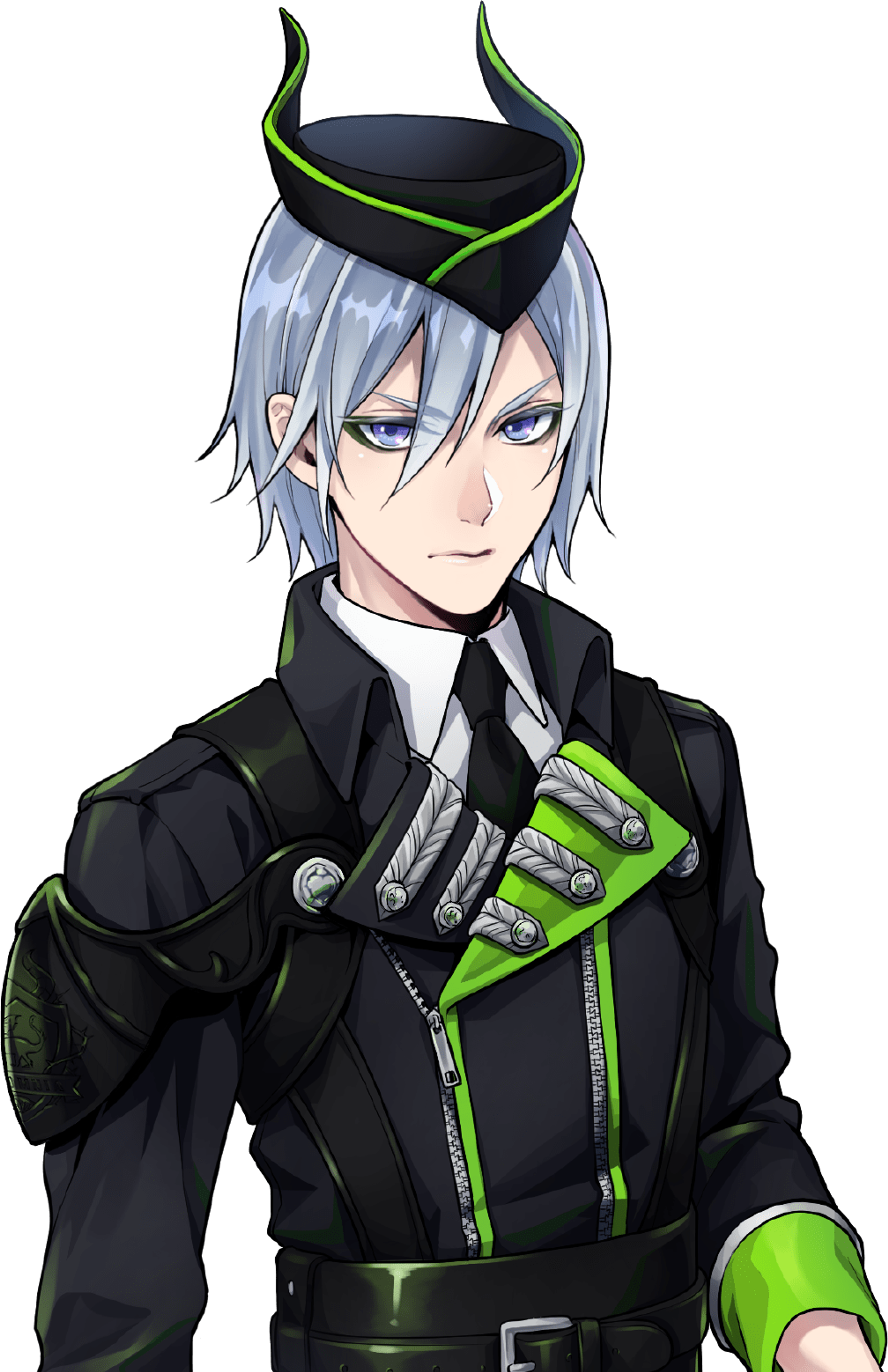 A young man with silver hair and a mix of light blue and purple eyes, wearing a black suit with green accents.