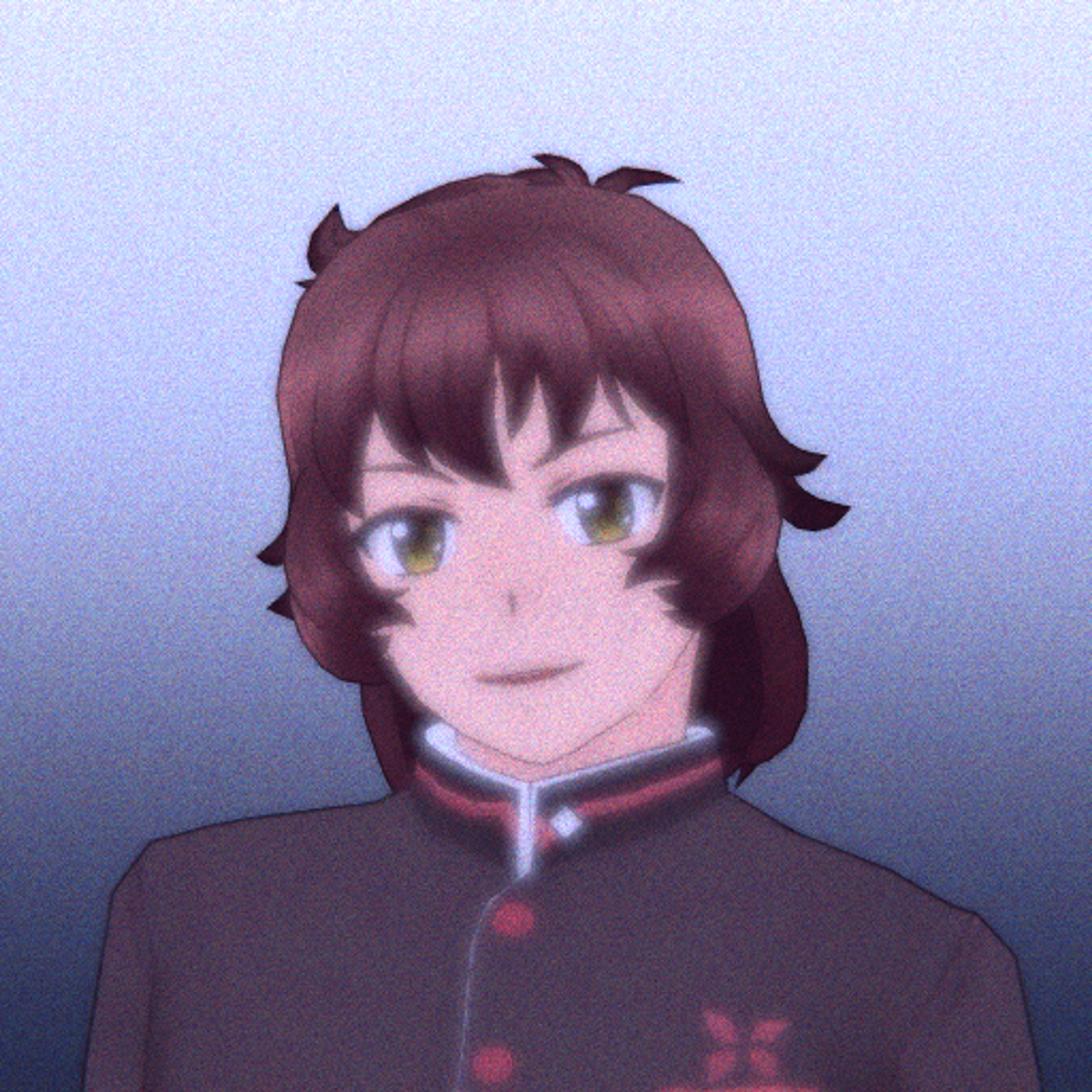 An anime-style character with messy brown hair, green eyes, and freckles, wearing a school uniform with bandaged hands.