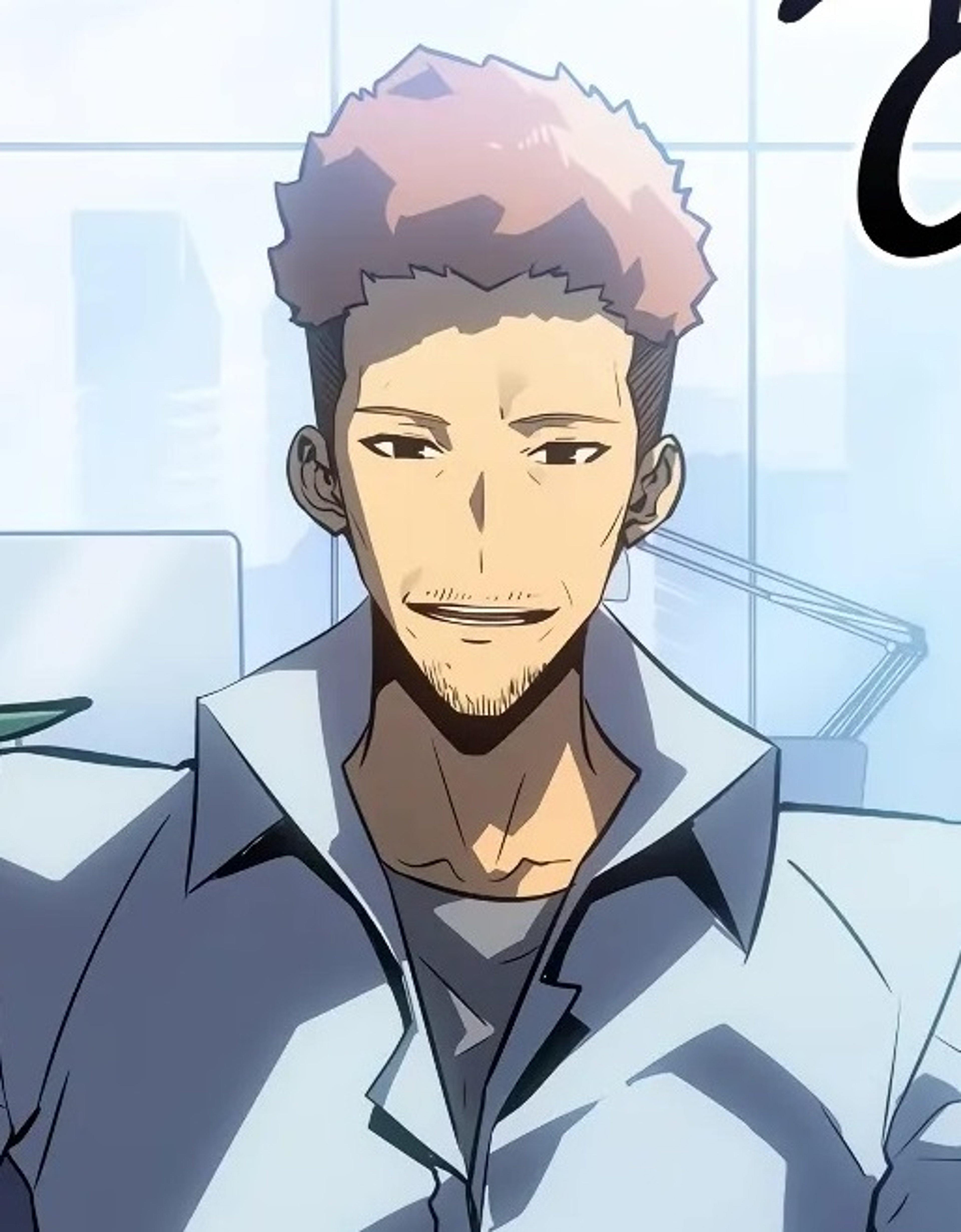 A young man with custard-colored hair and gray eyes wearing a gray suit