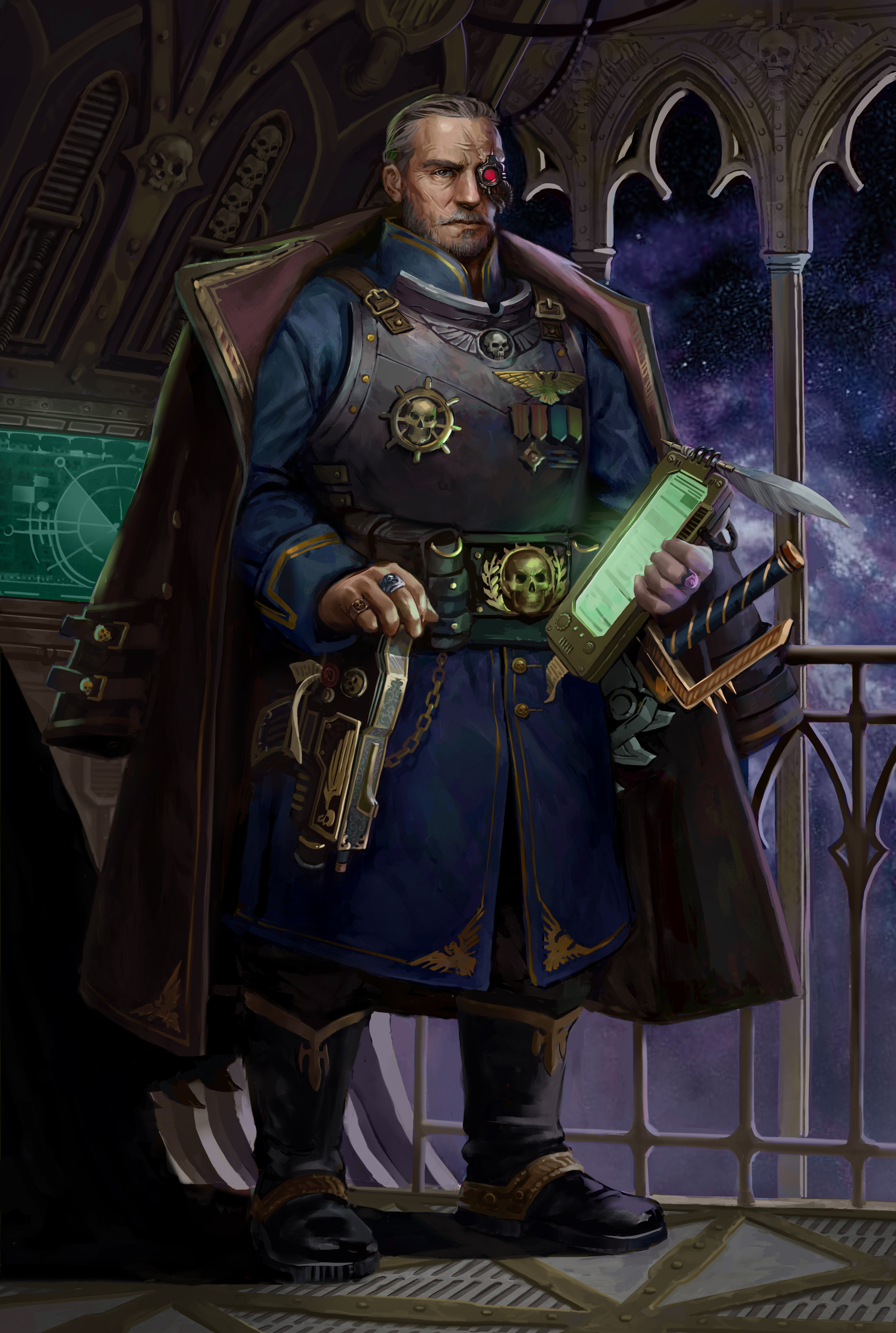 A middle-aged man in a military uniform holding a datapad