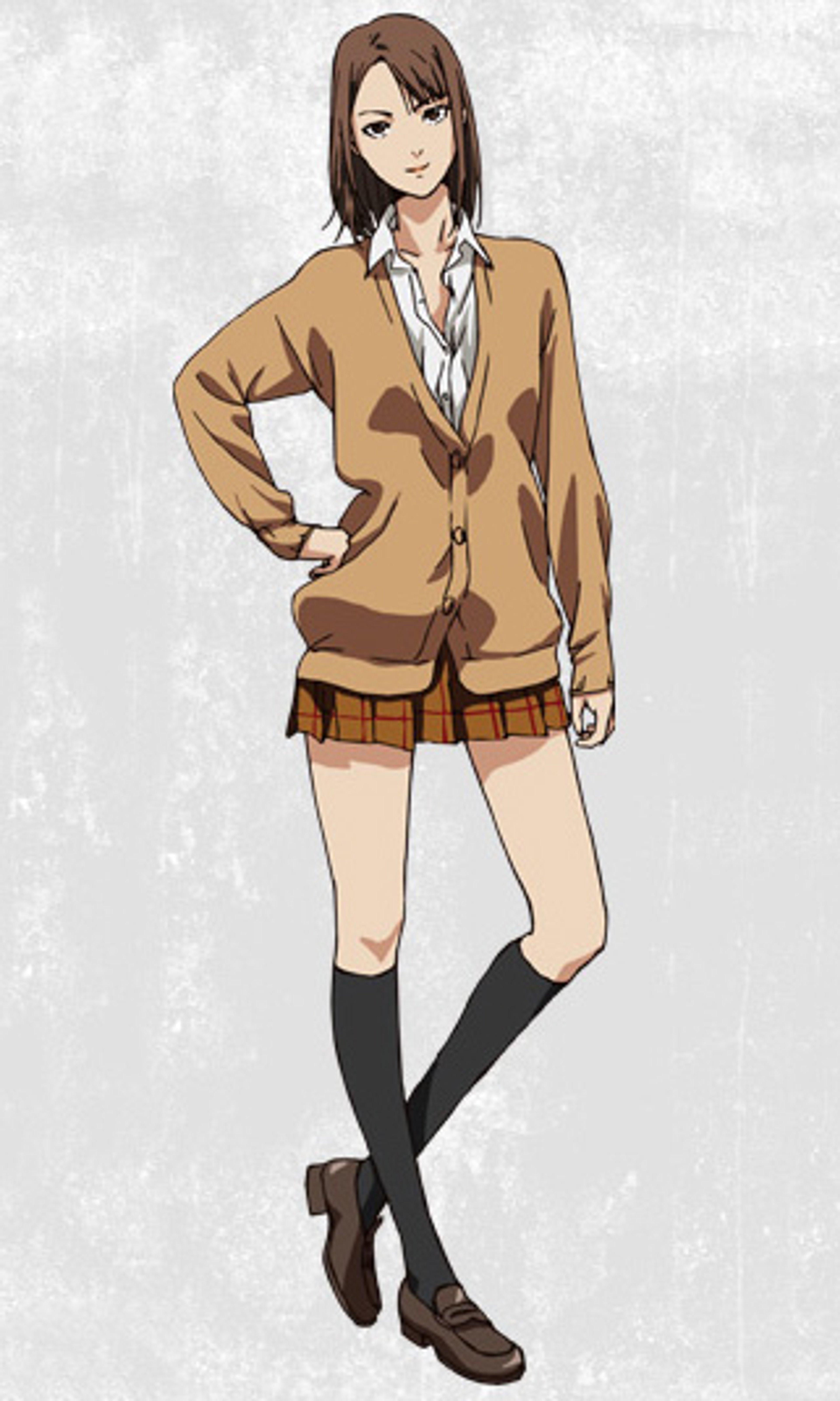 A young woman with brown hair wearing a tan jacket, white shirt, and plaid skirt.