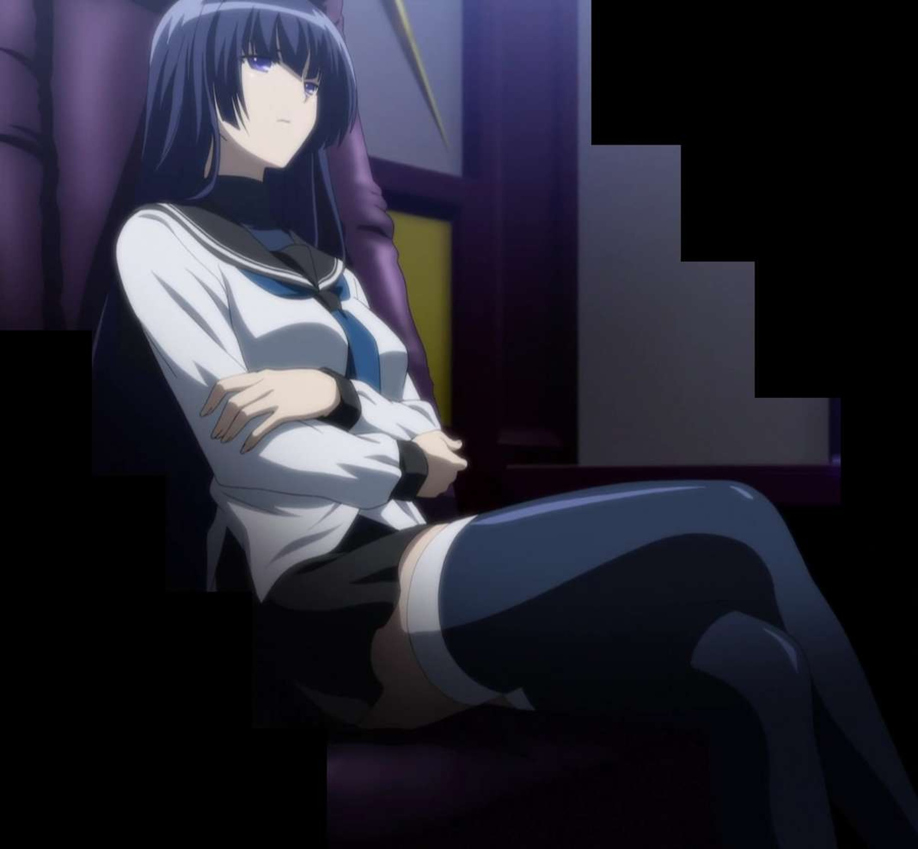 A composed and disciplined-looking Japanese high school girl sitting in a chair