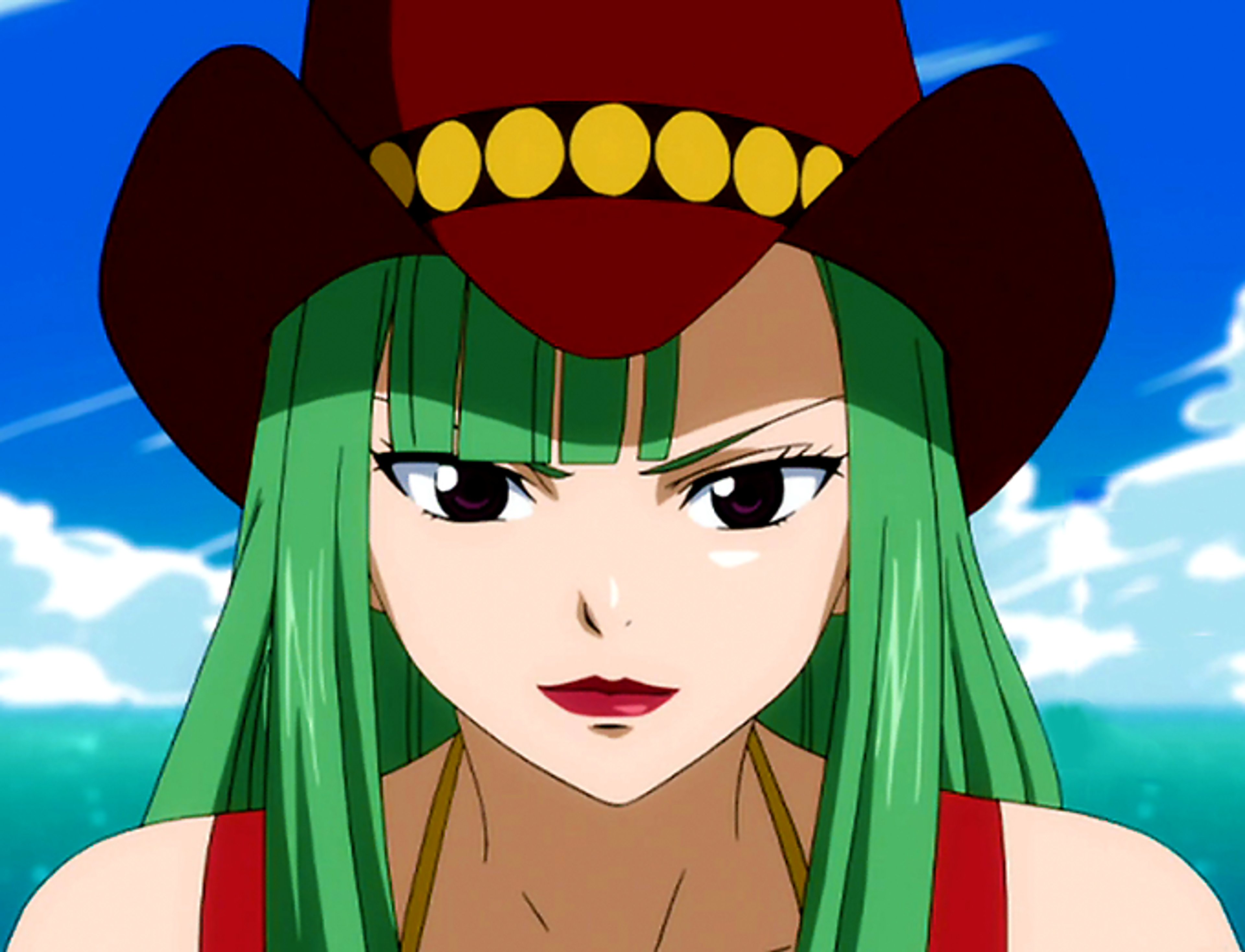 An anime-style character with green hair, purple eyes, and a headdress