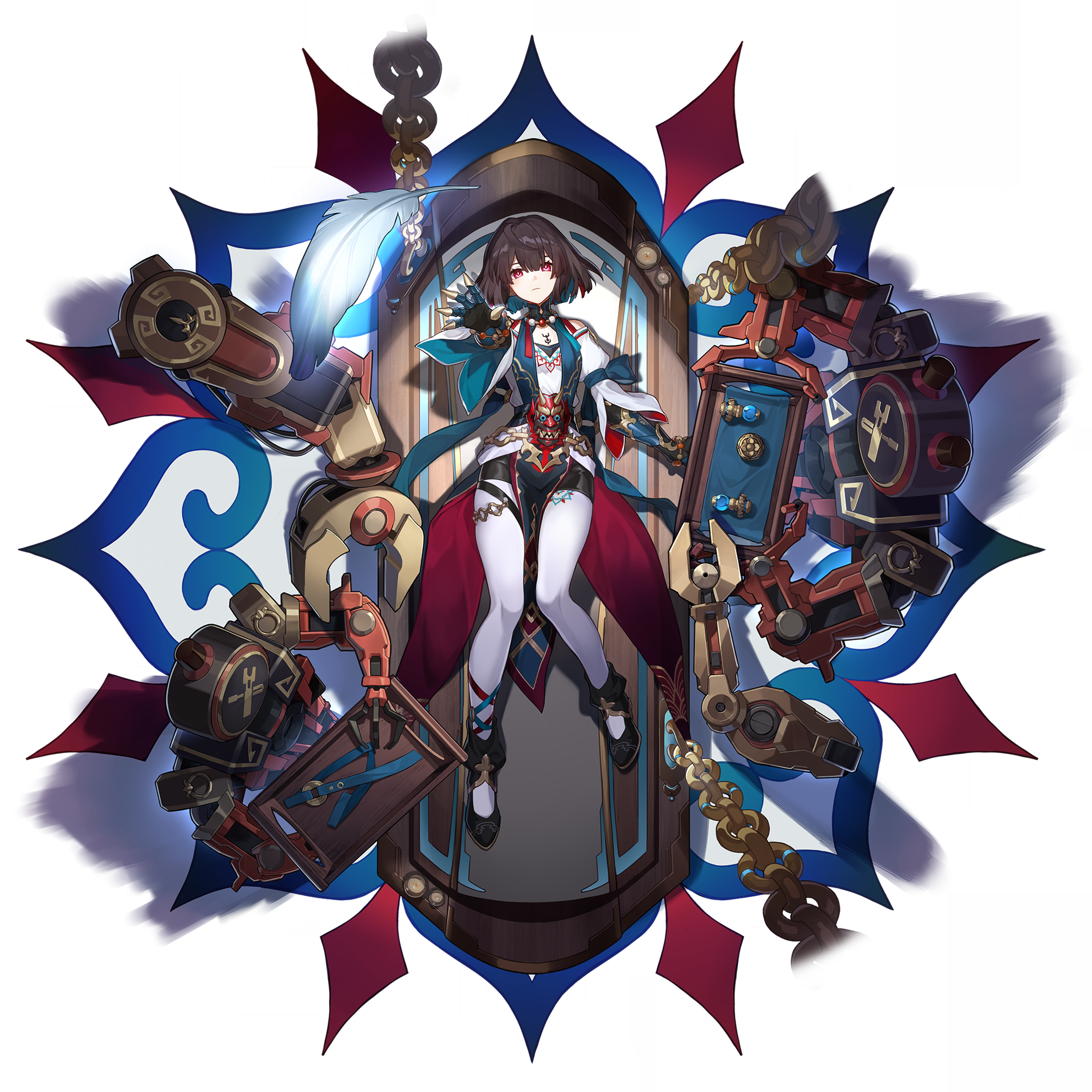 A detailed anime-style character named Xueyi, a young woman with long dark hair and a stoic expression, wearing a dark outfit with armor and weapon elements.