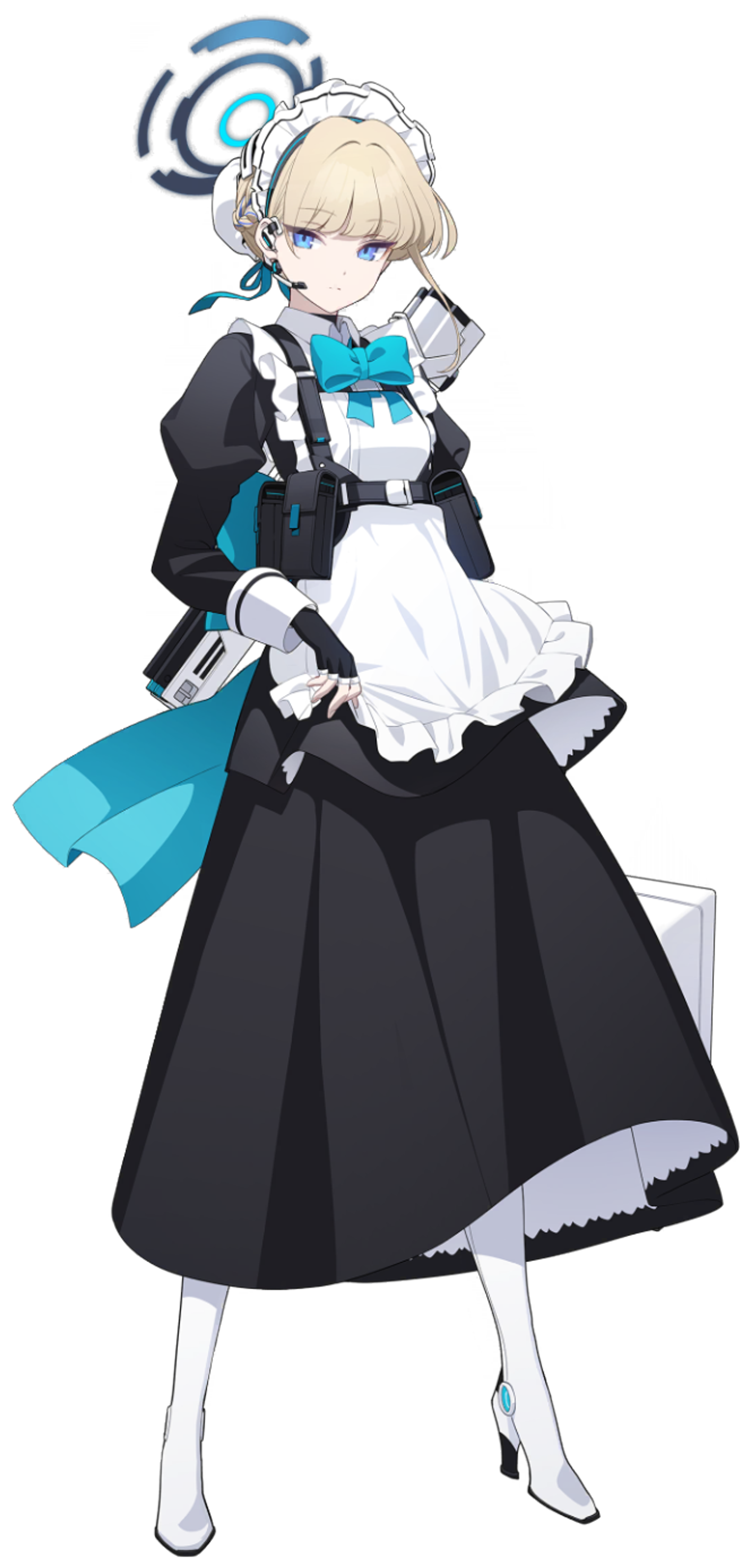 A young woman in a maid-style outfit with a military-like bearing, holding a weapon or tool in a futuristic setting.
