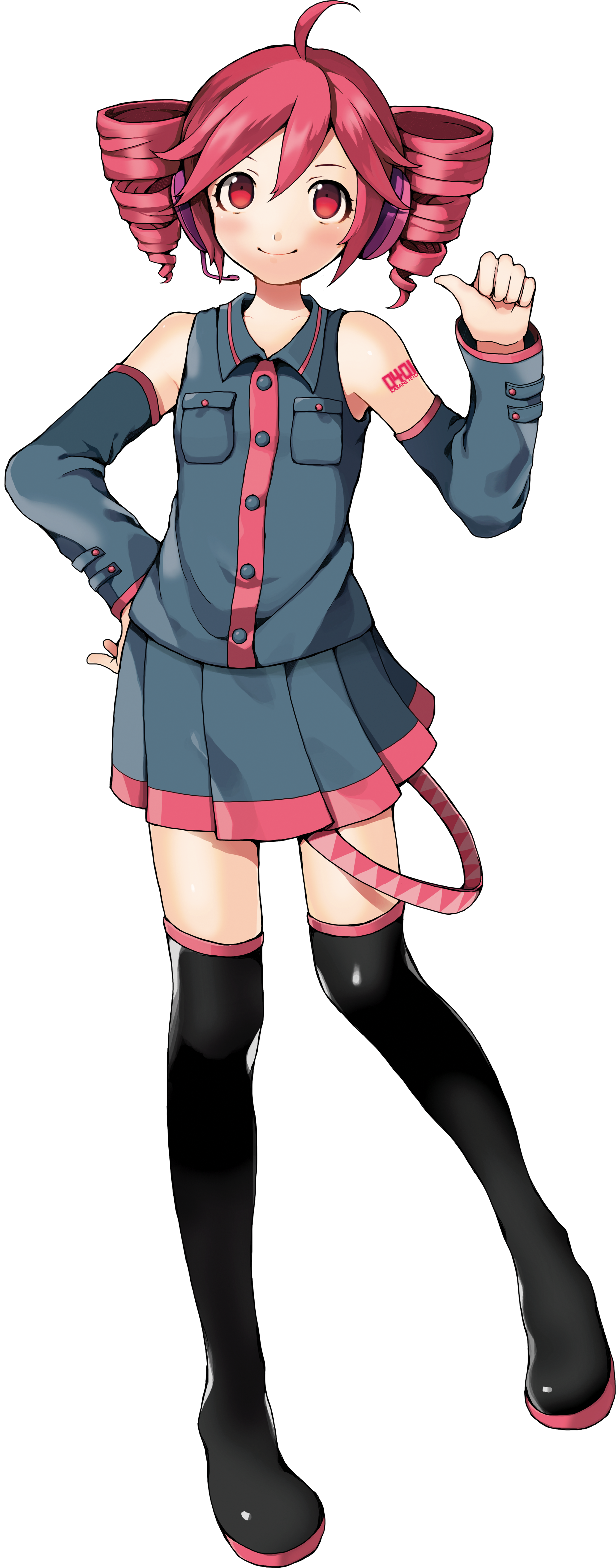 An anime-style character with pink drill-like pigtails and a cheerful expression, wearing a gray jacket and pink skirt.