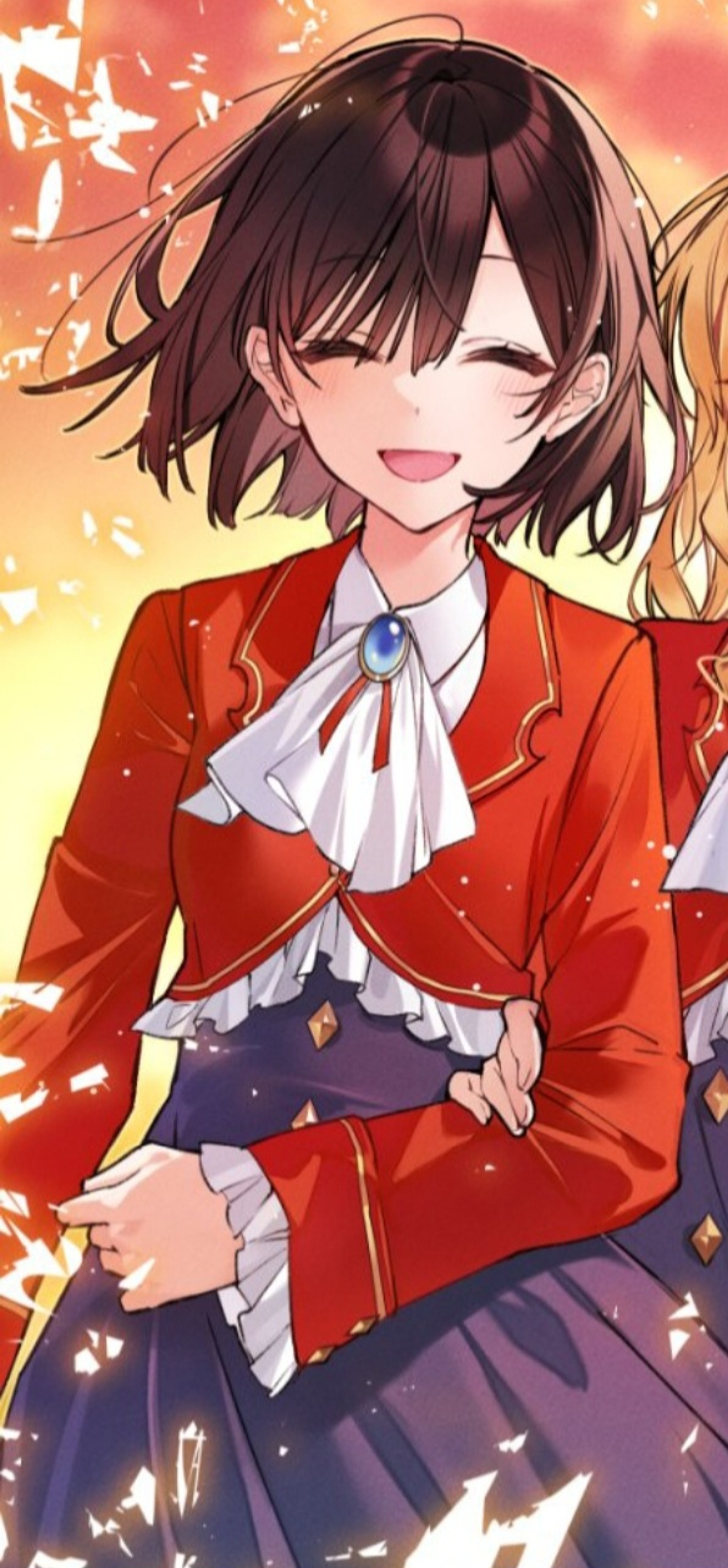 A young woman in a red military-style uniform with a cheerful expression, set against a warm, fantastical background.
