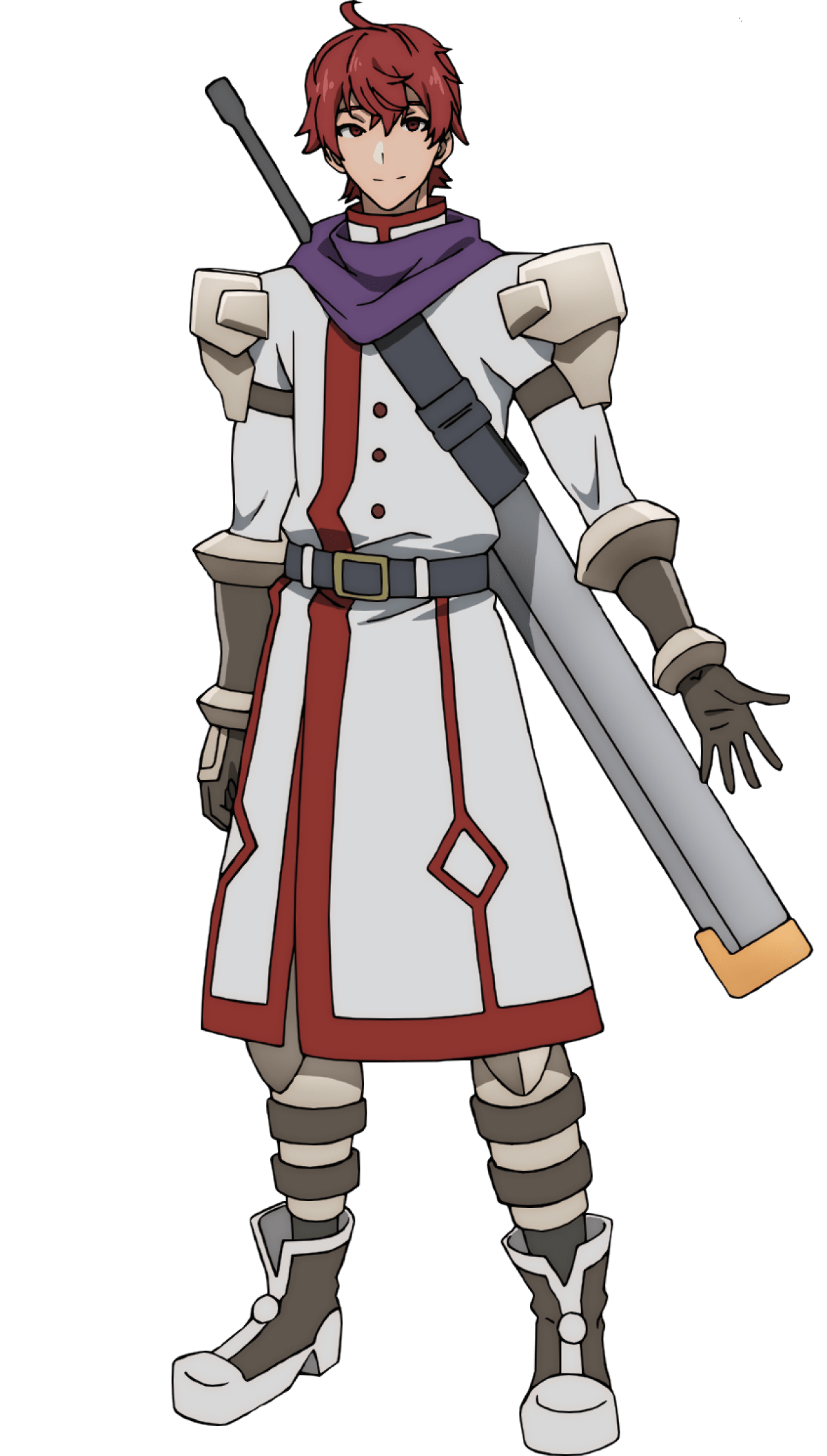 A refined-looking man with red hair and eyes, wearing a white coat and carrying a sword on his back.