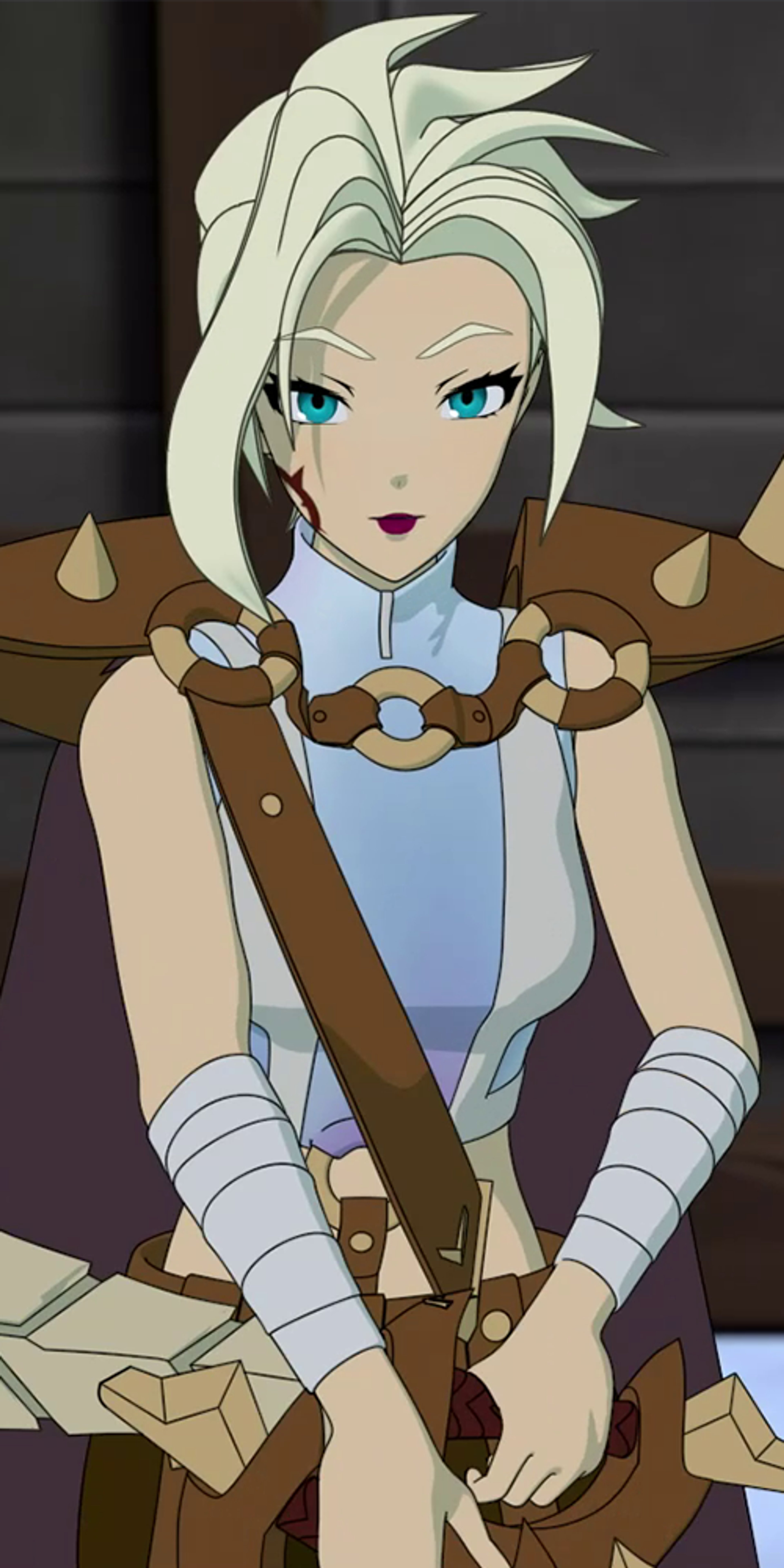 A female character with light hair and blue eyes, wearing blue and brown armor, in a combat-ready pose.