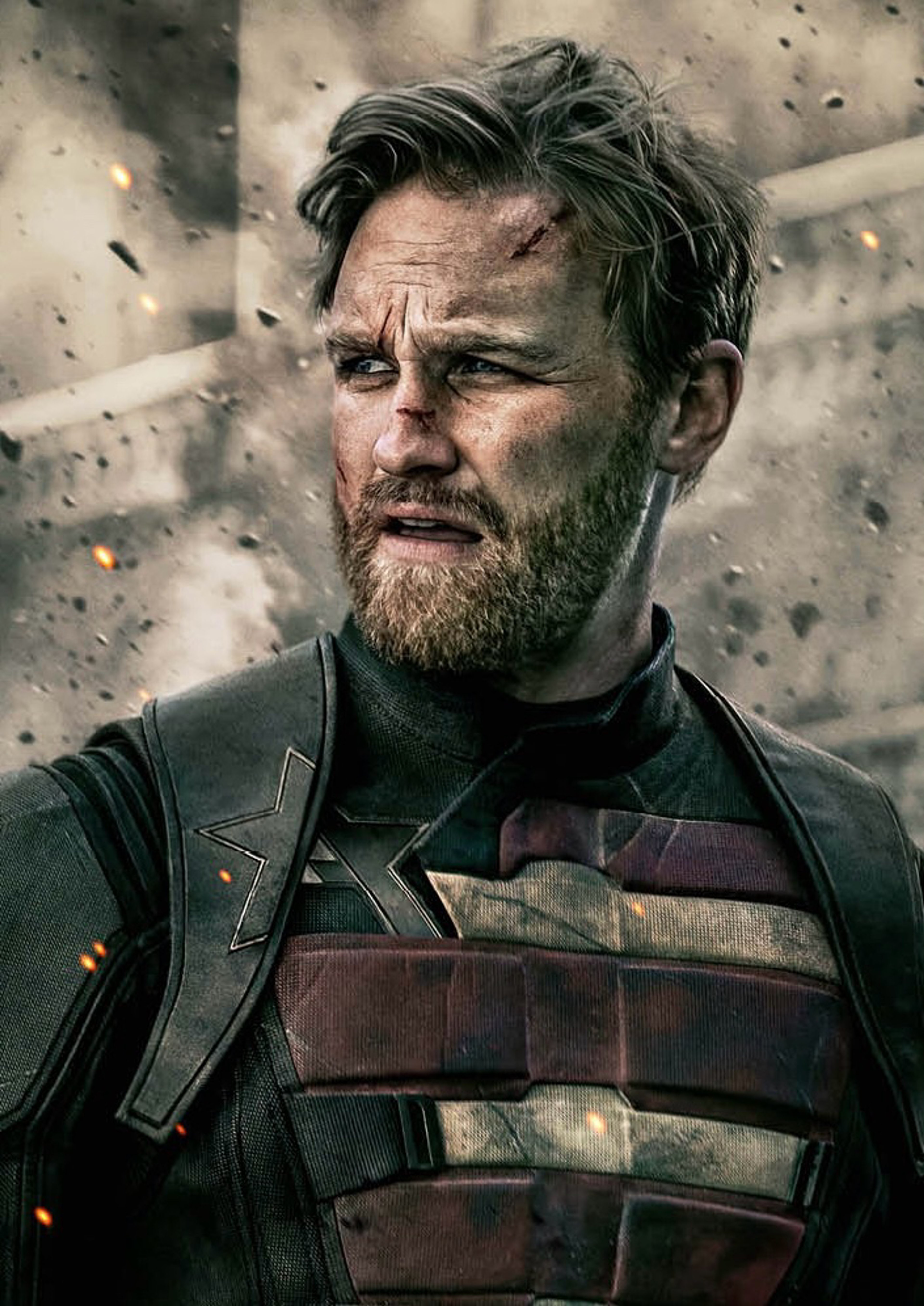 A man with a beard wearing a tactical vest in a chaotic, explosive environment