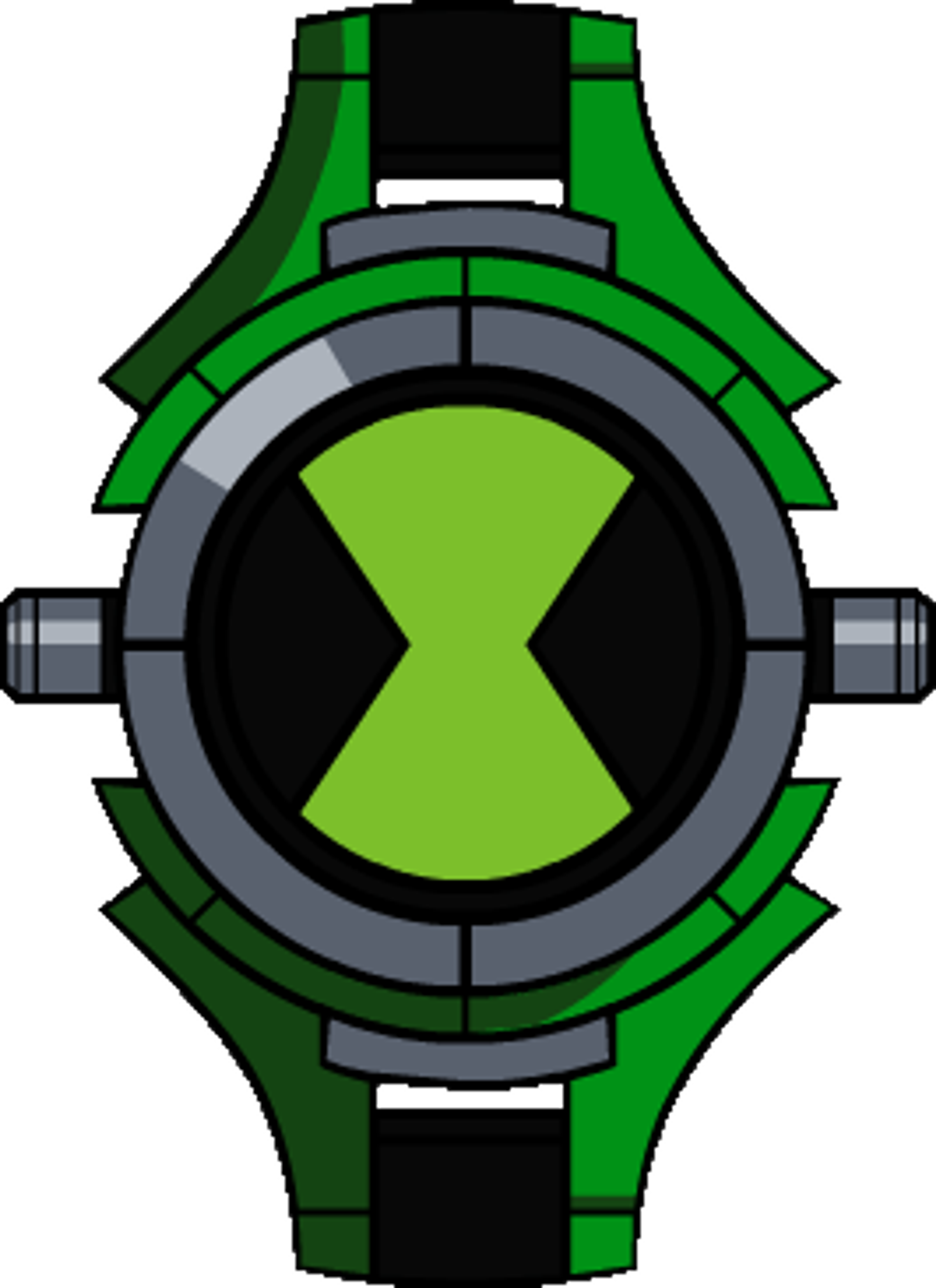 A green and black alien watch-like device with a large green hourglass symbol in the center.