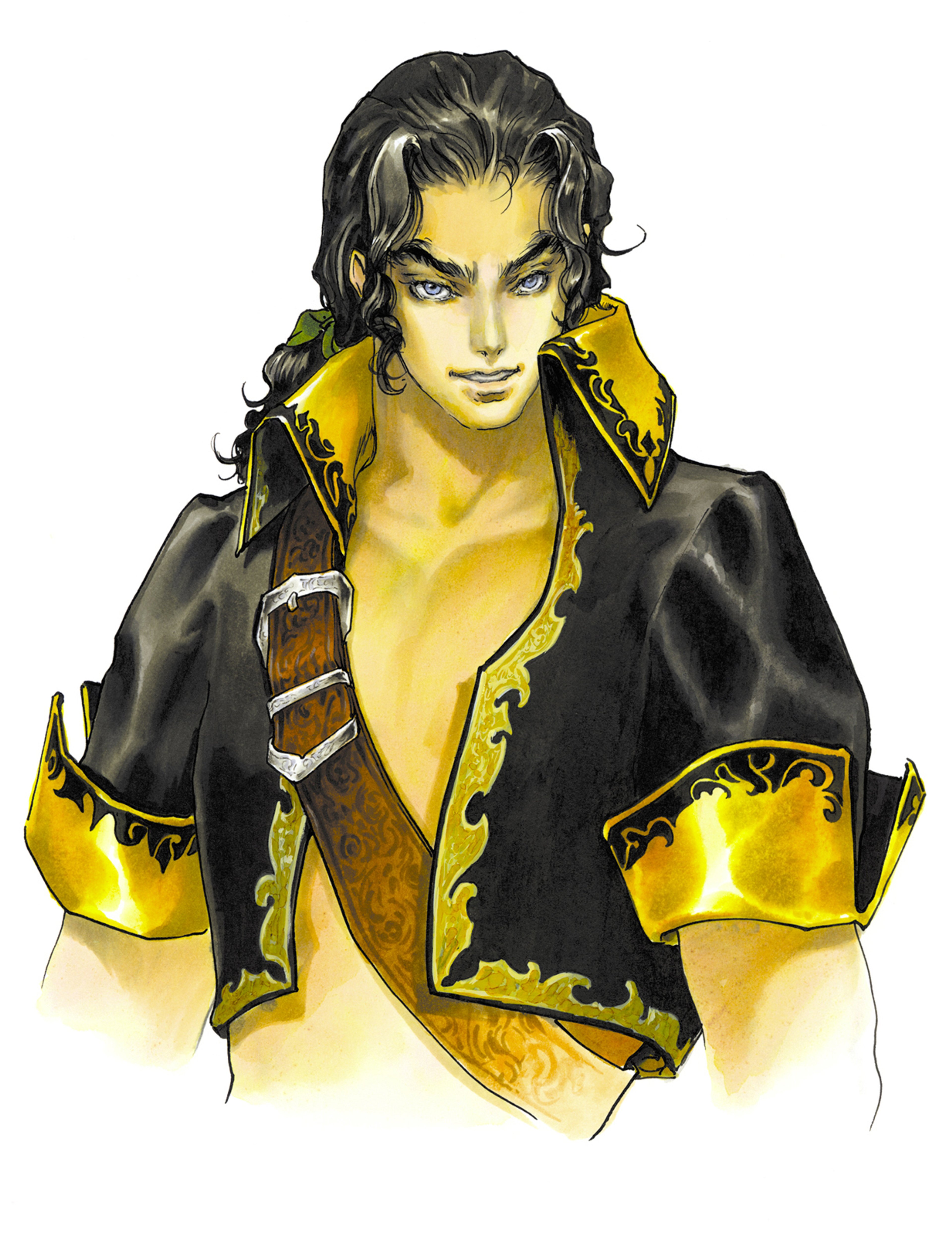 A detailed illustration of a male character with long dark hair, wearing a black and gold outfit with an ornate design.