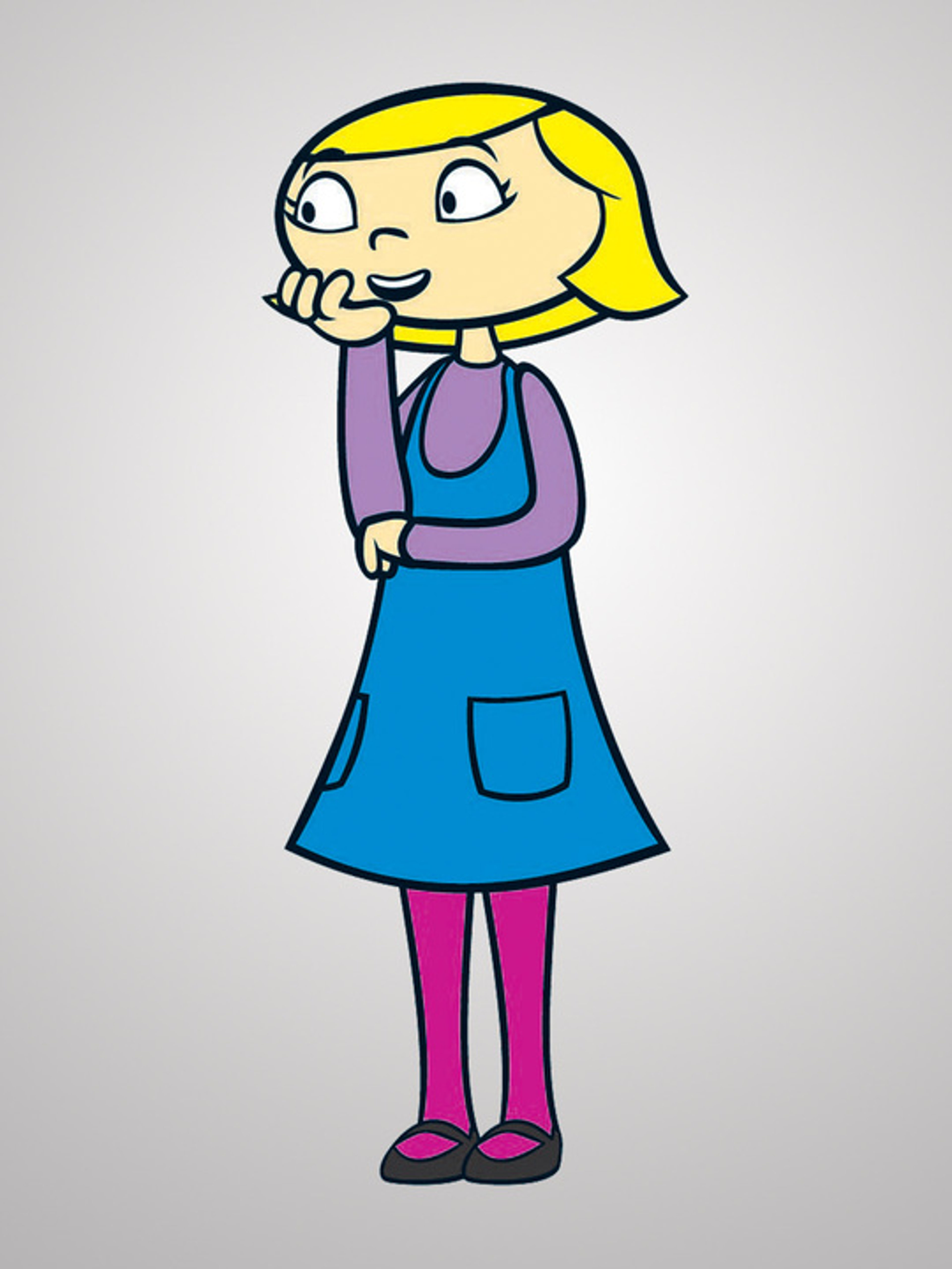 A young, artistic female character with blonde hair and a purple-striped hairclip, wearing a purple shirt, blue dress, and eggplant tights.