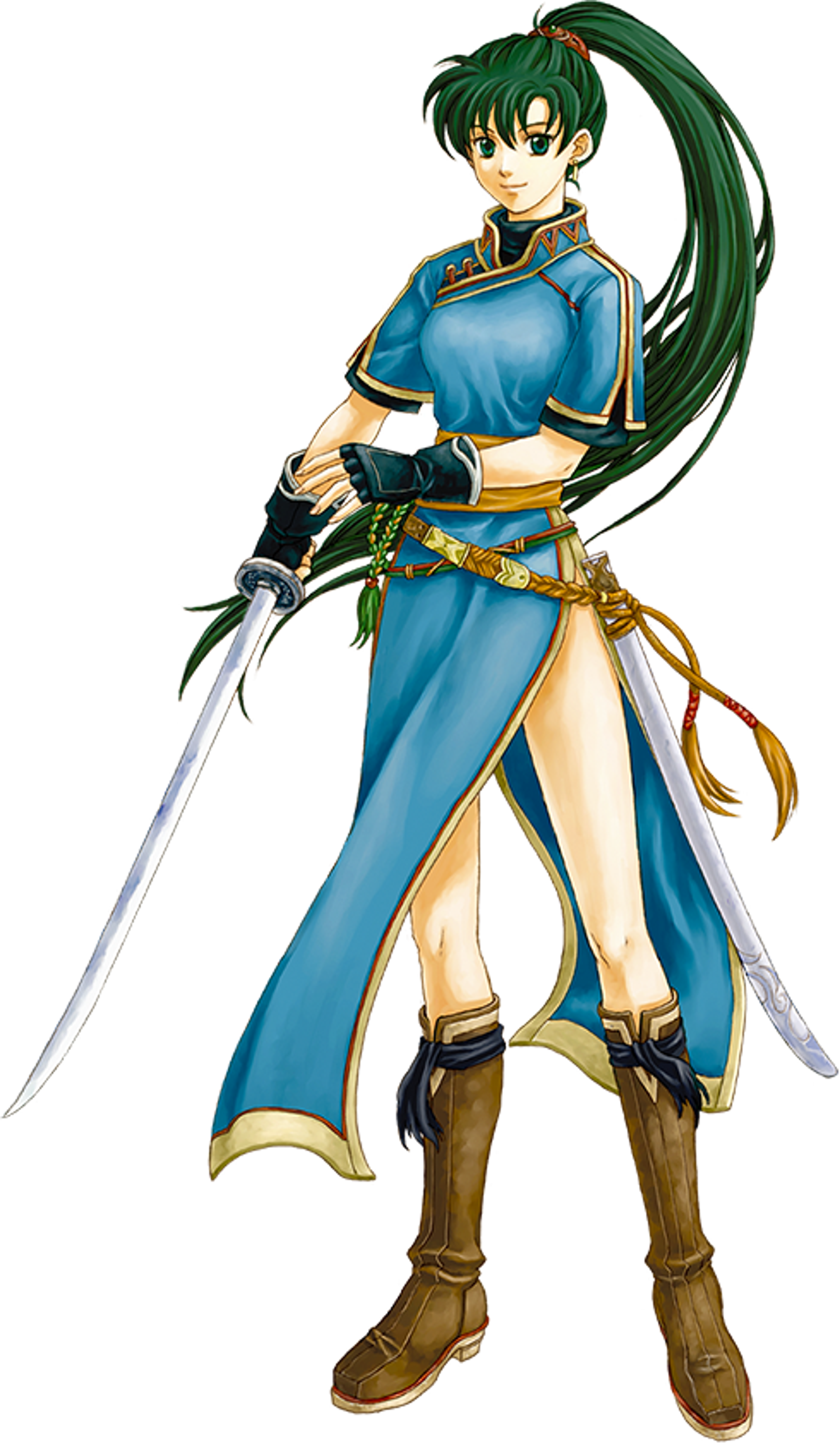 A young woman with green hair and a blue outfit holding two swords