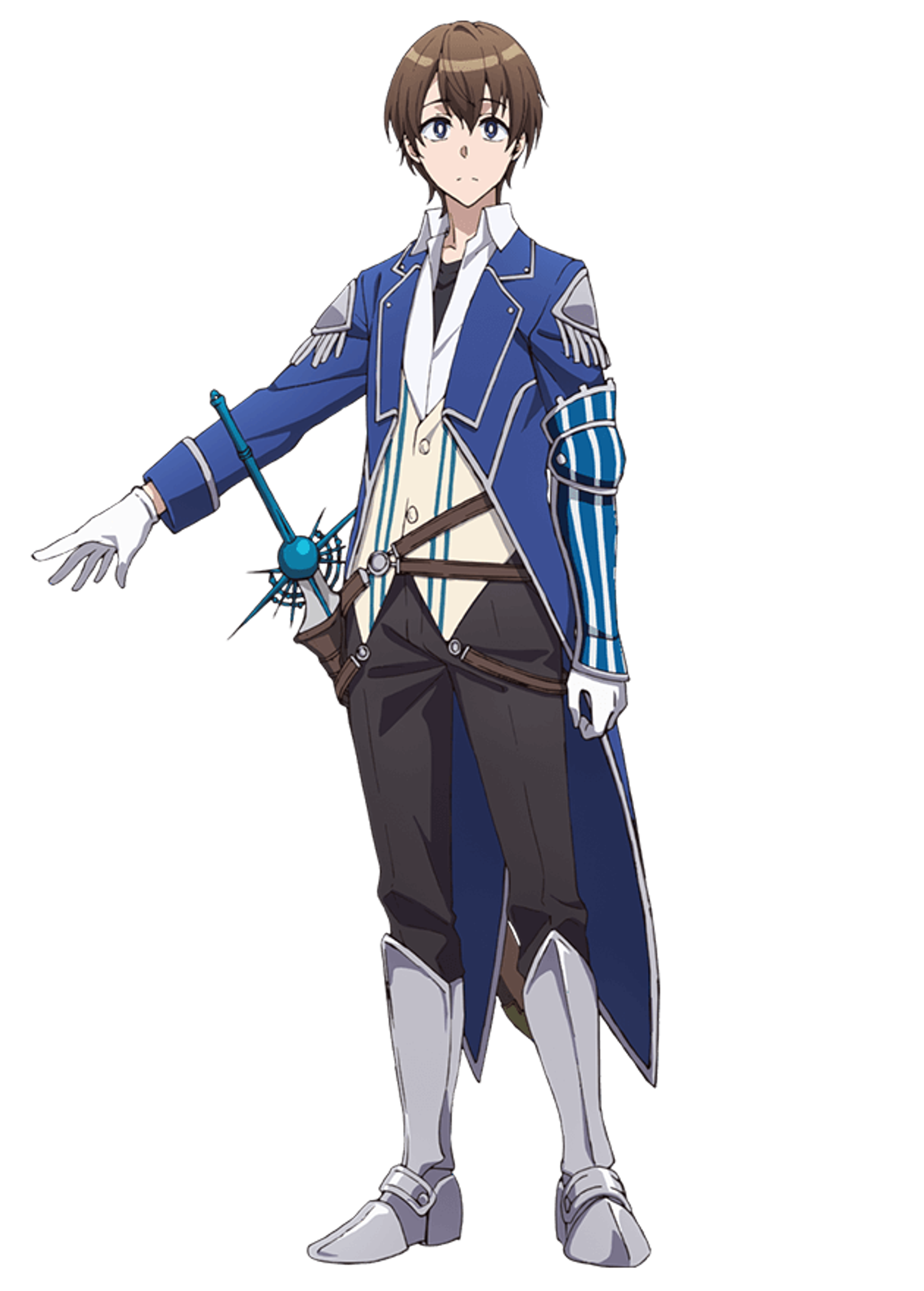 An anime character with dark hair wearing a blue and white outfit in a heroic pose.