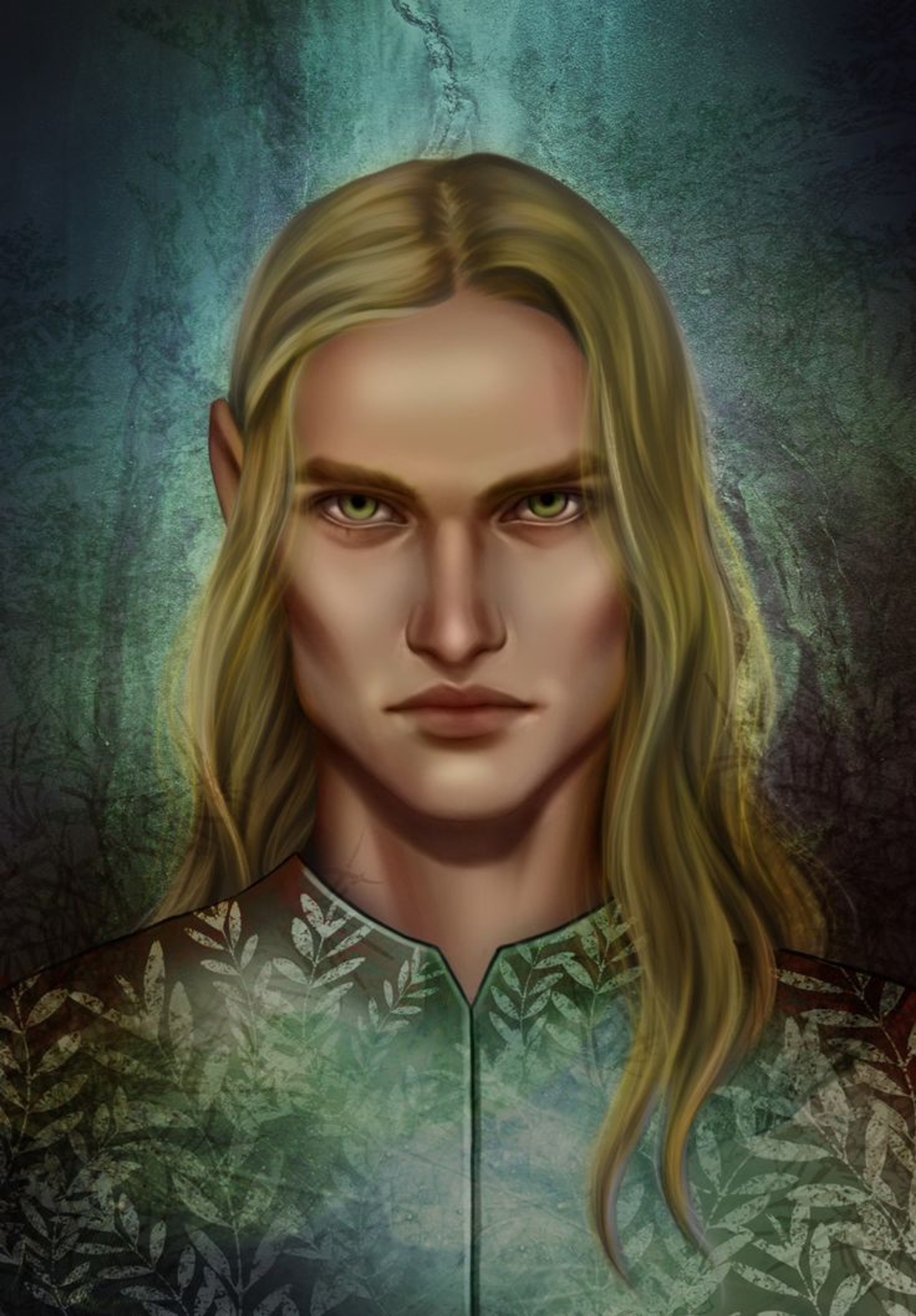 A detailed portrait of a male fantasy character with long blonde hair and green eyes, wearing a patterned jacket.