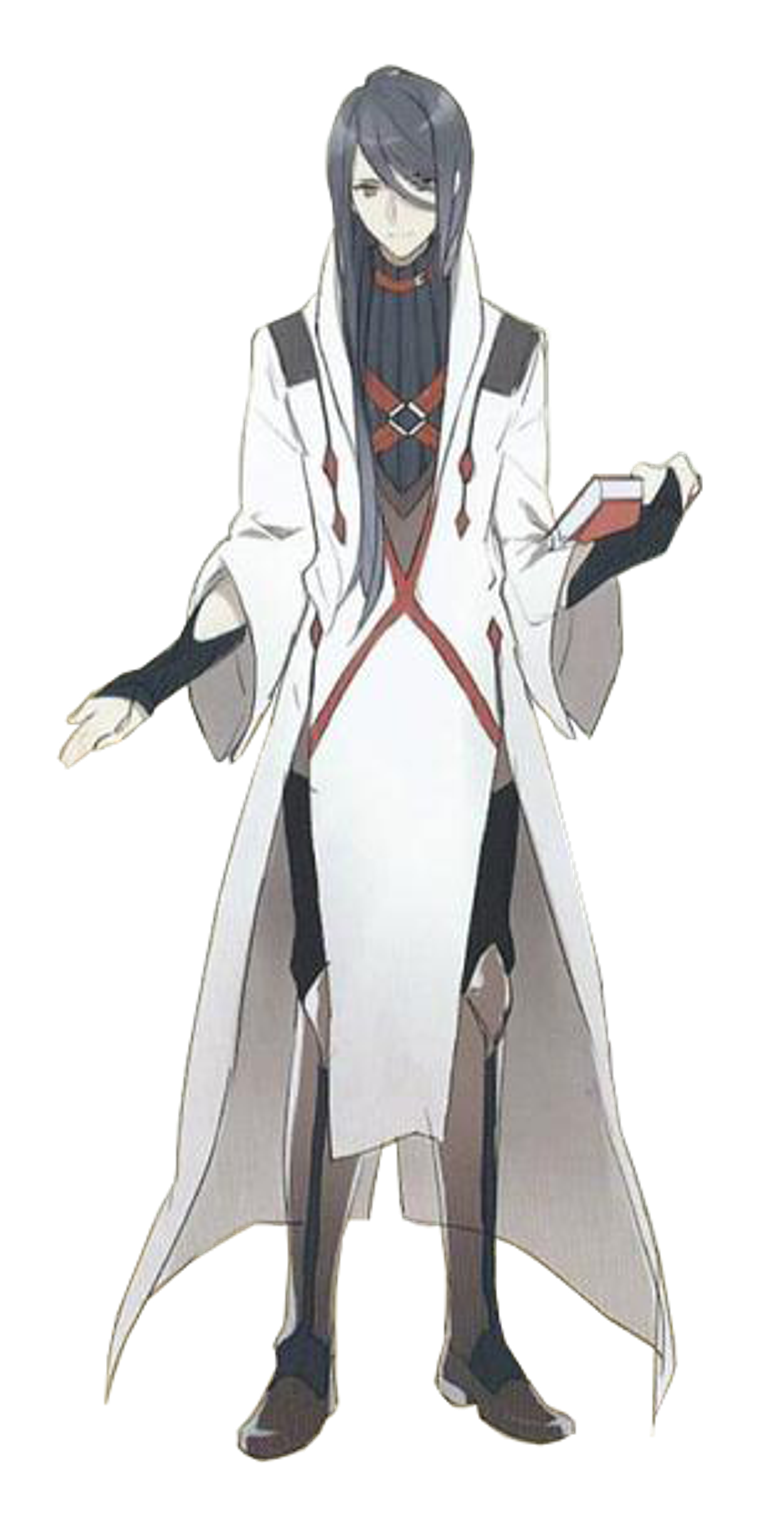 A character in a white hooded robe with red accents, holding a staff or weapon.