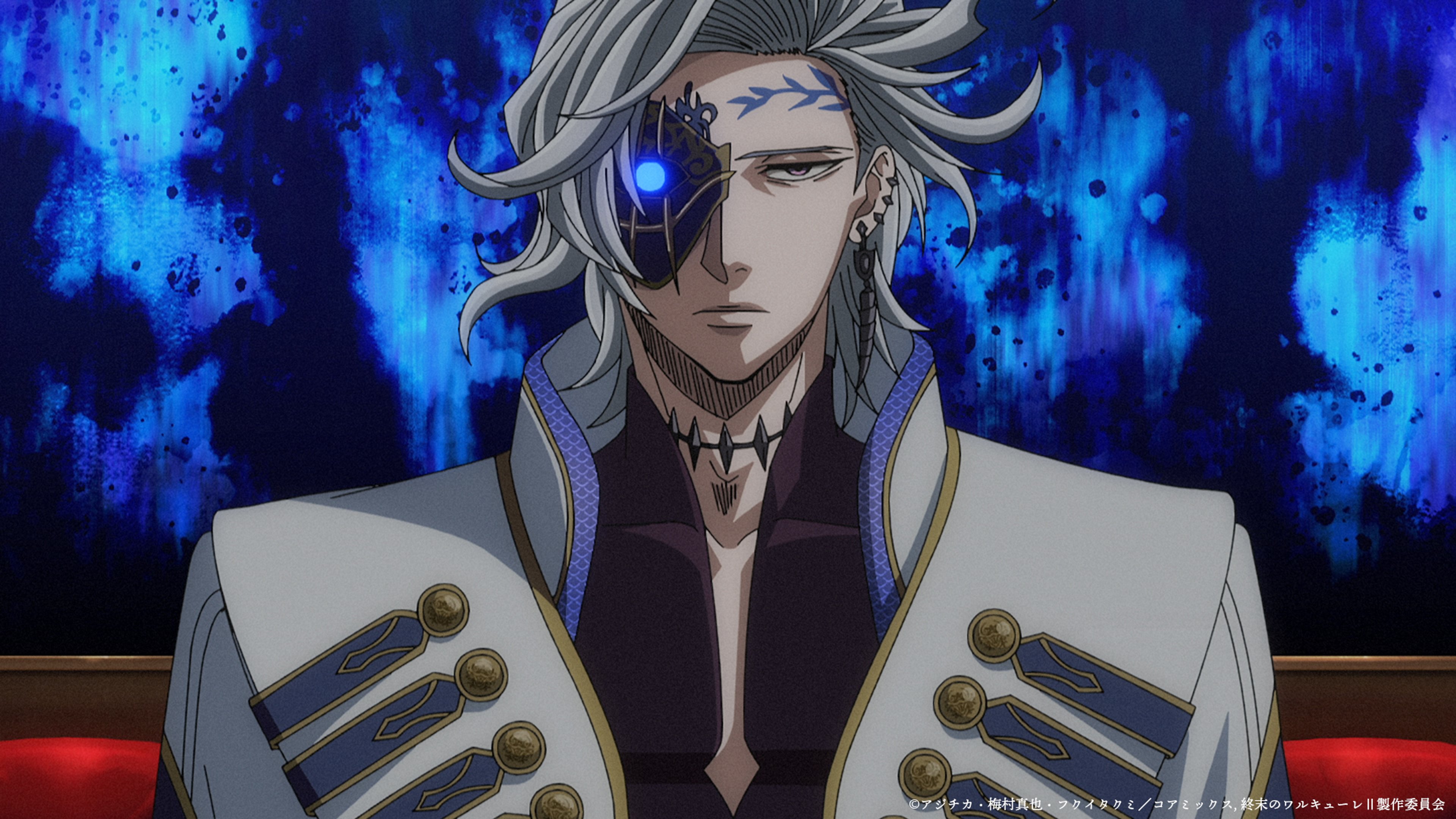 A powerful, intimidating male character with long gray hair and piercing blue eyes, wearing ornate dark clothing and standing in an authoritative pose.