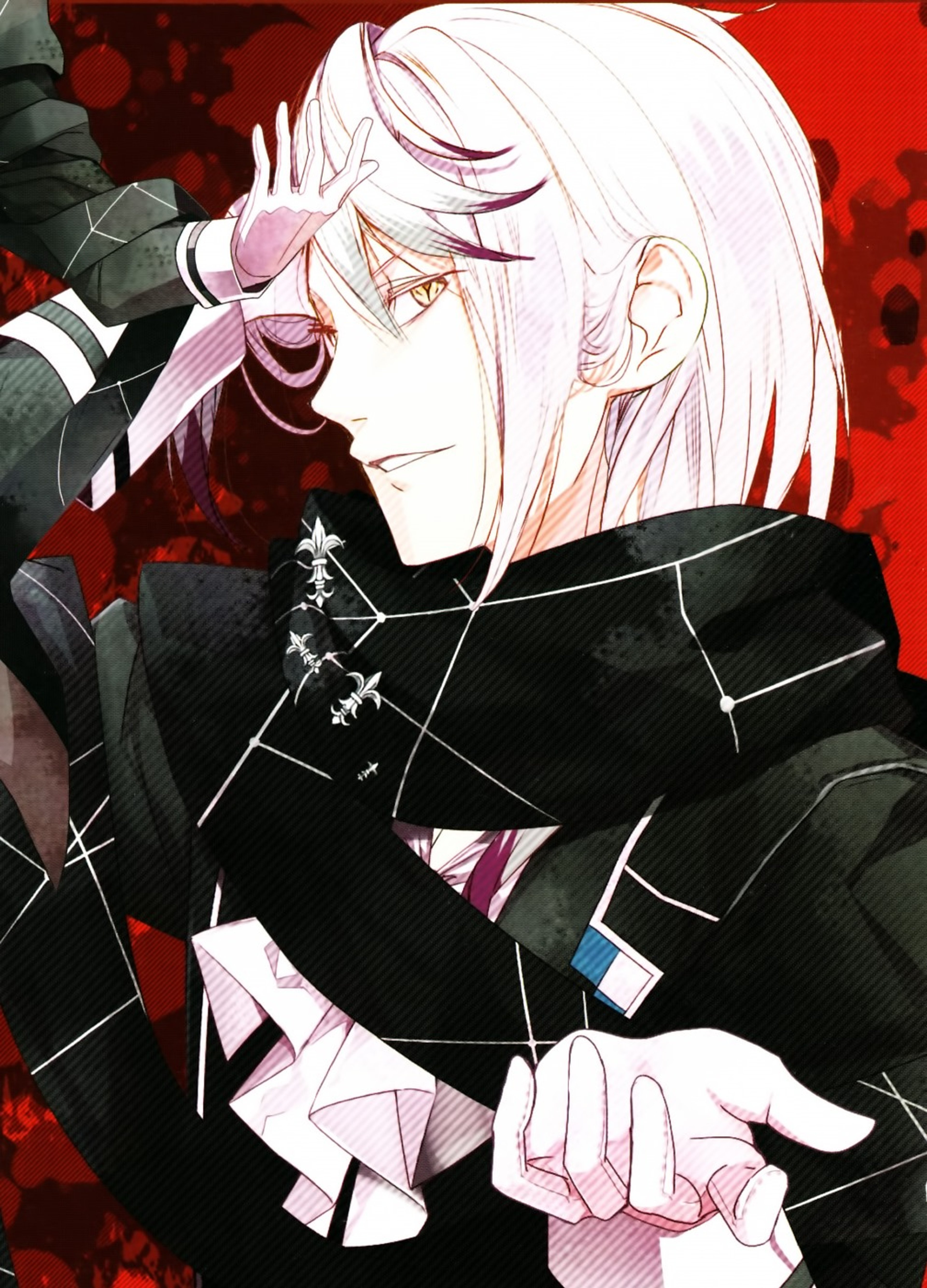 A mysterious and dangerous-looking young man with white and crimson hair