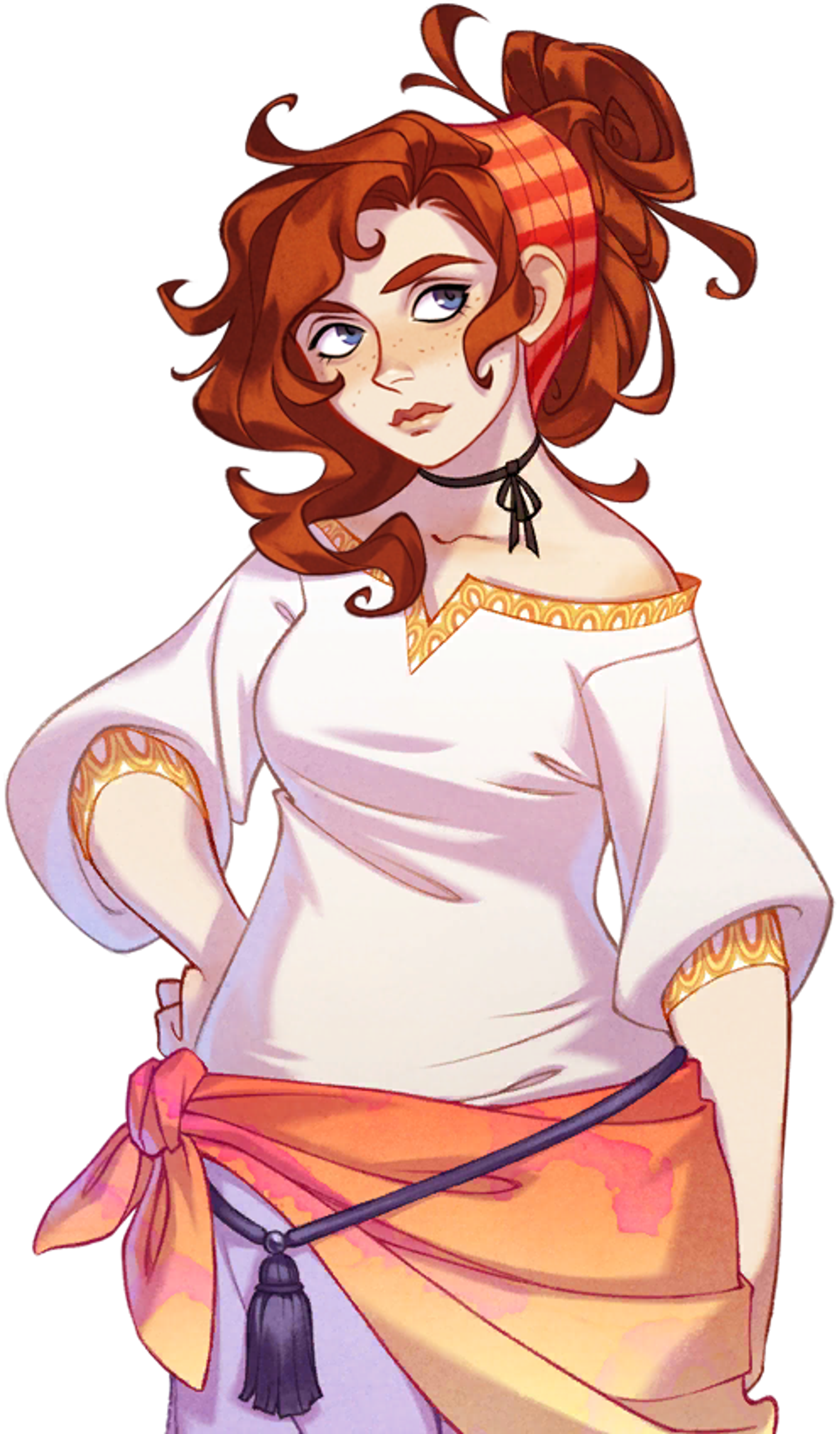 A young woman with curly red hair, bright blue-grey eyes, and freckles, wearing a white off-the-shoulder top and a yellow and orange skirt.