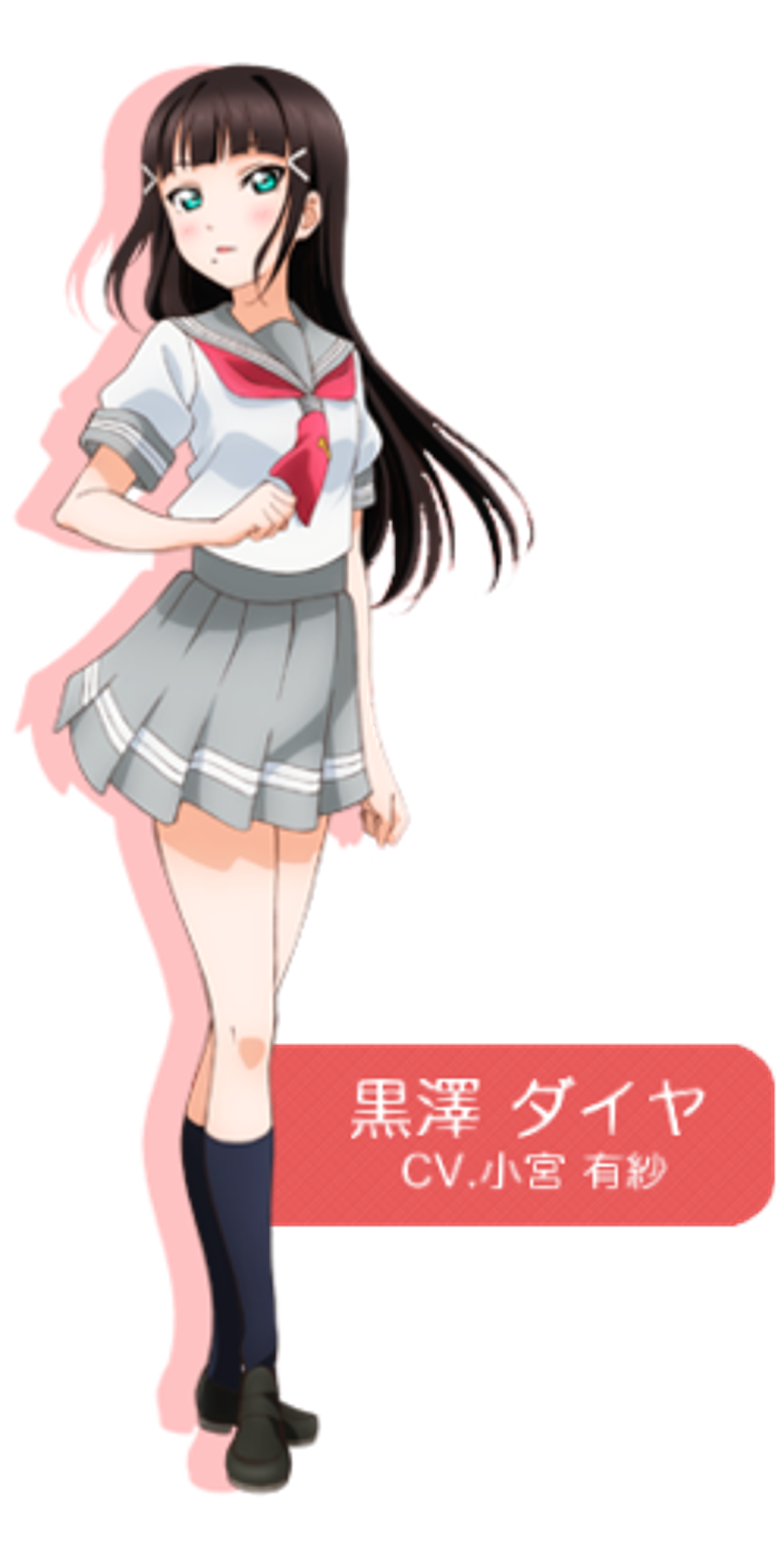 An anime-style character with long black hair, green eyes, and a school uniform with a red bow and heart-shaped hair clips.