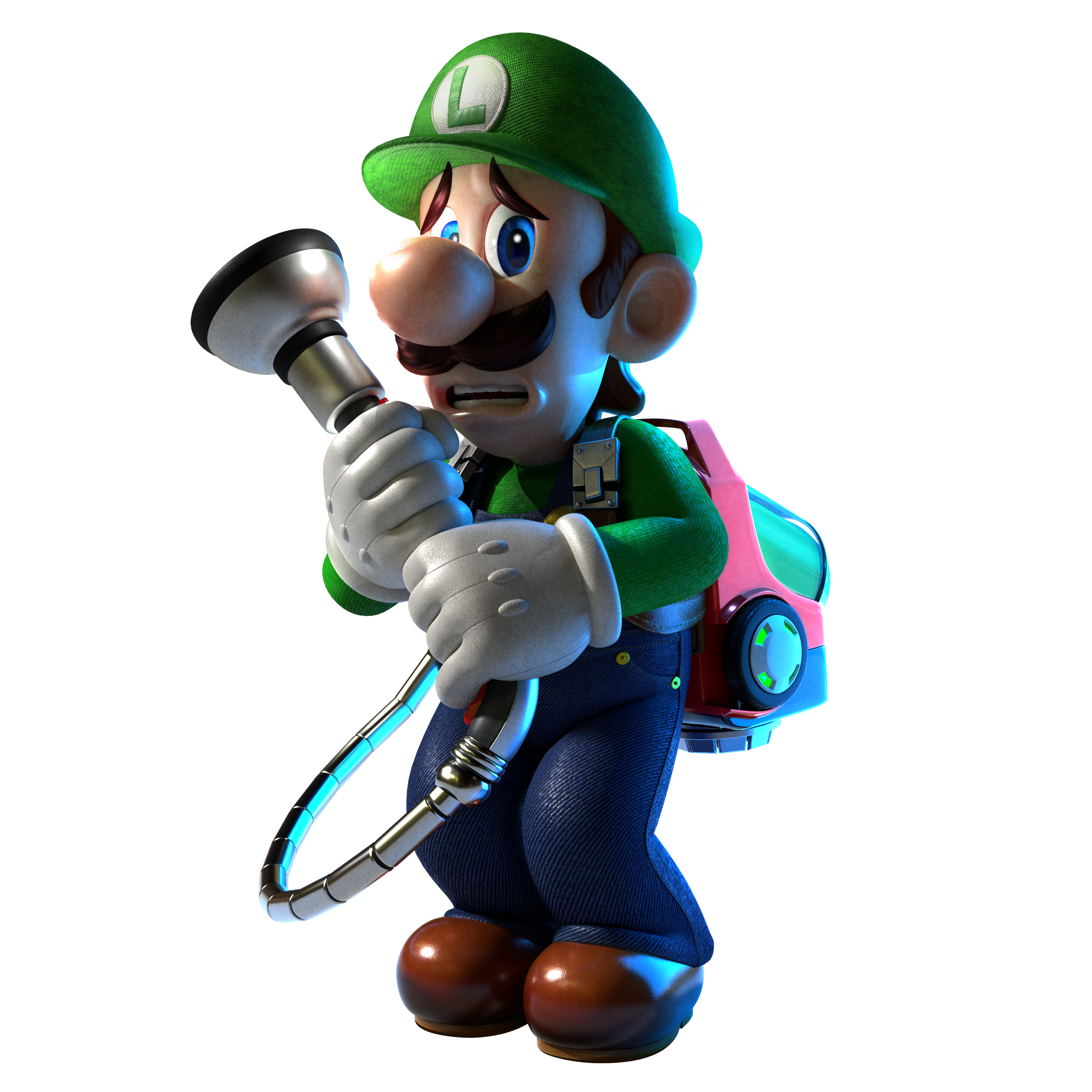 An illustration of the character Luigi from the Super Mario video game franchise, holding a ghost-hunting vacuum device.