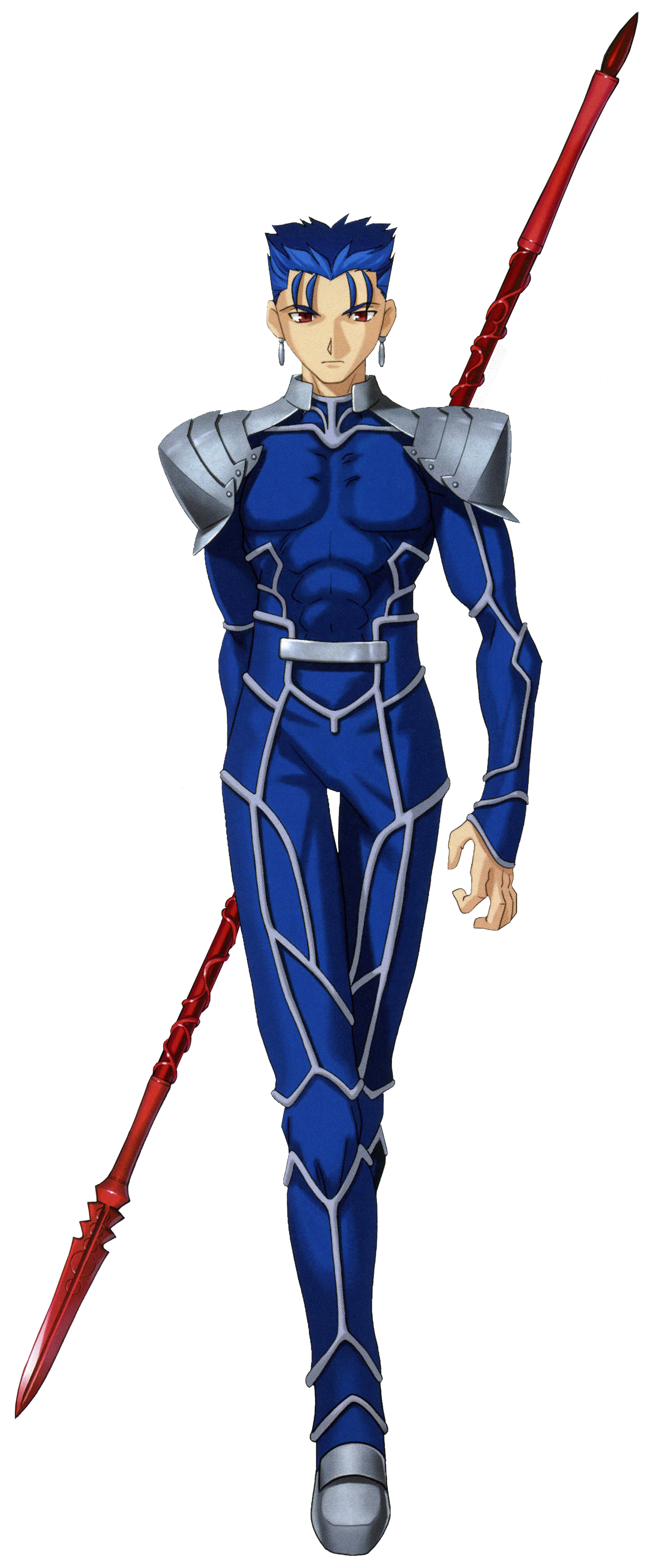 A muscular, blue-armored male character with red hair and a red spear