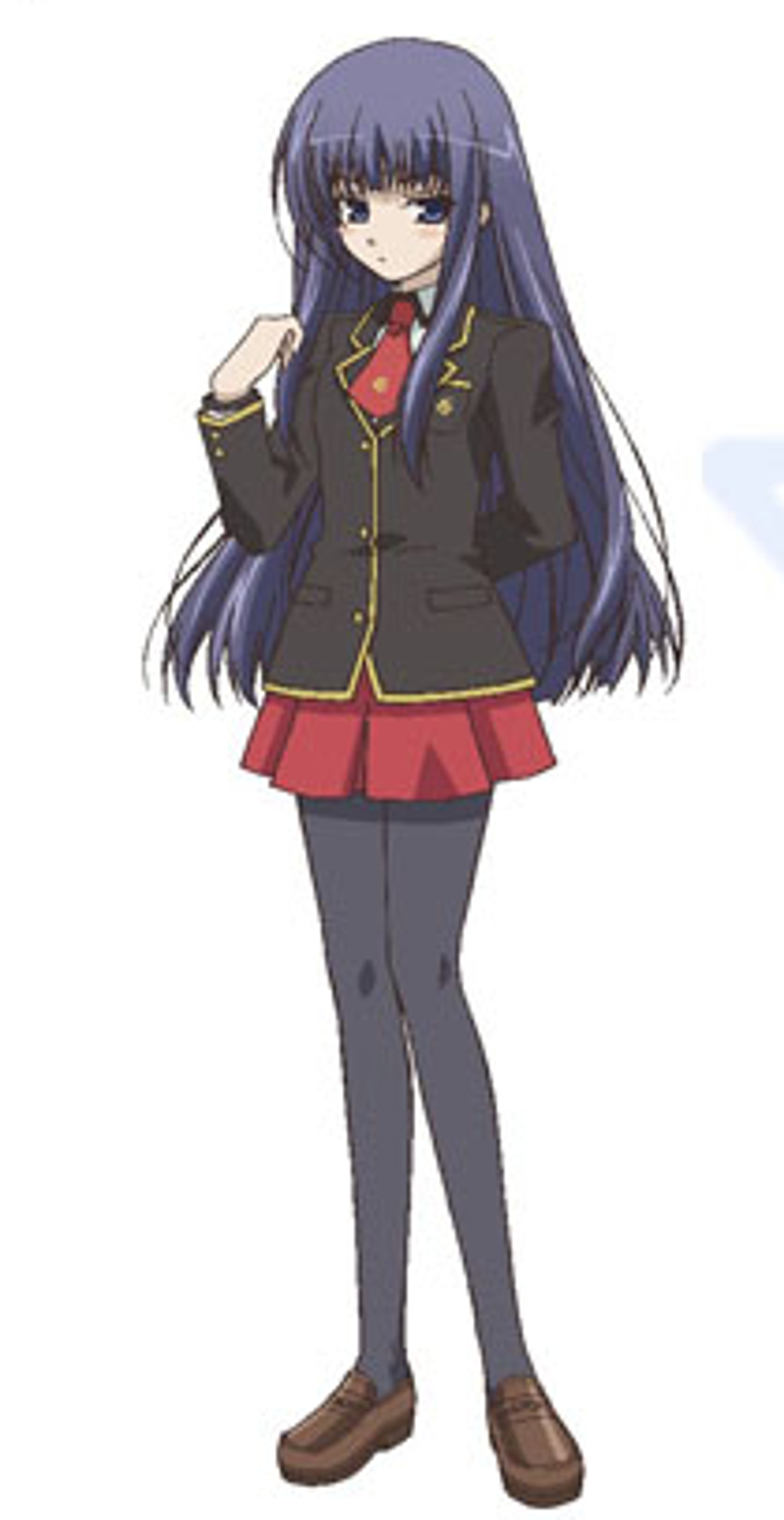 An anime-style character with long dark purple hair wearing a red skirt and black jacket