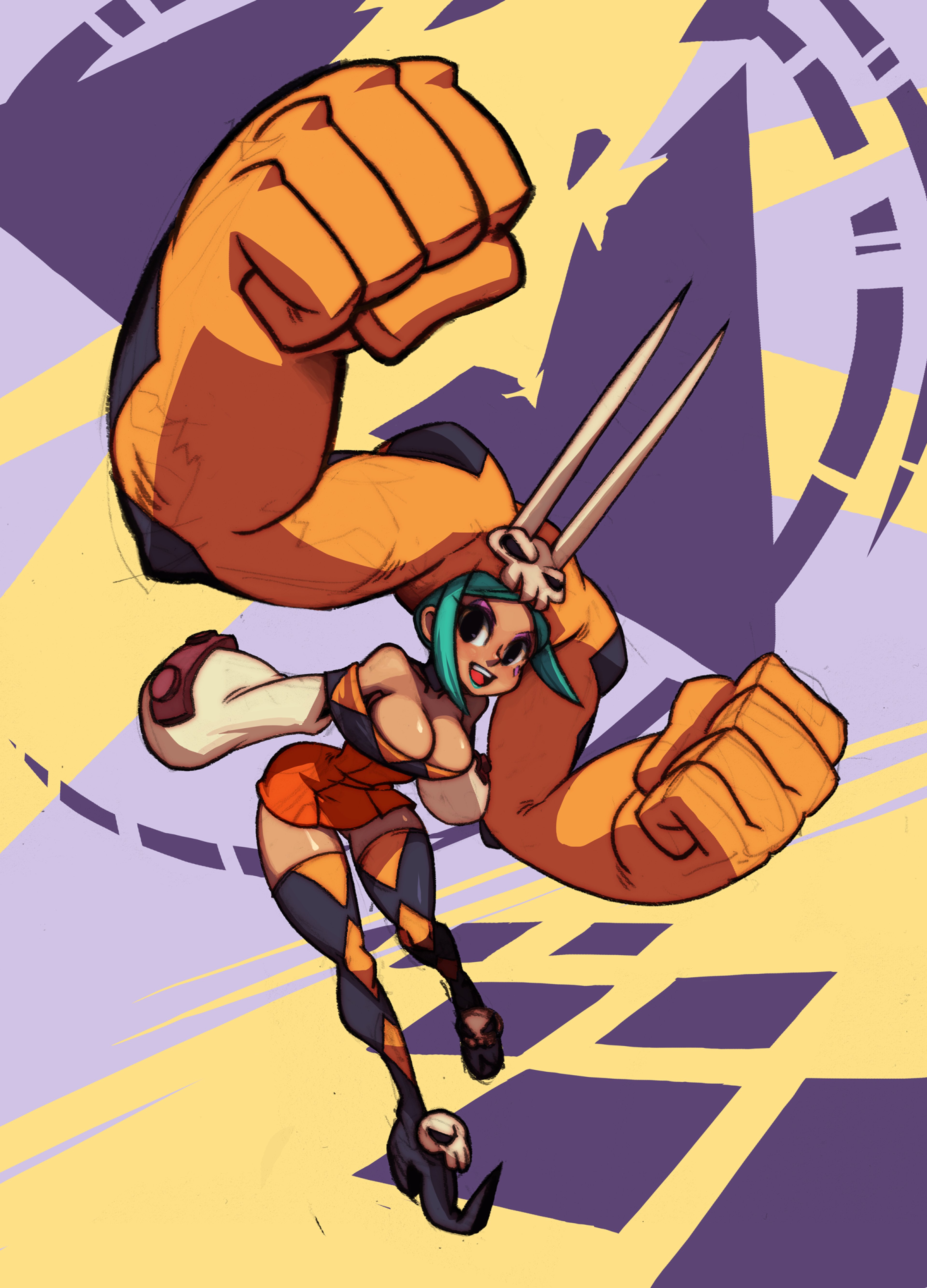 A female character with mint green hair and light brown skin, wearing an orange dress and boots, performing an acrobatic pose.
