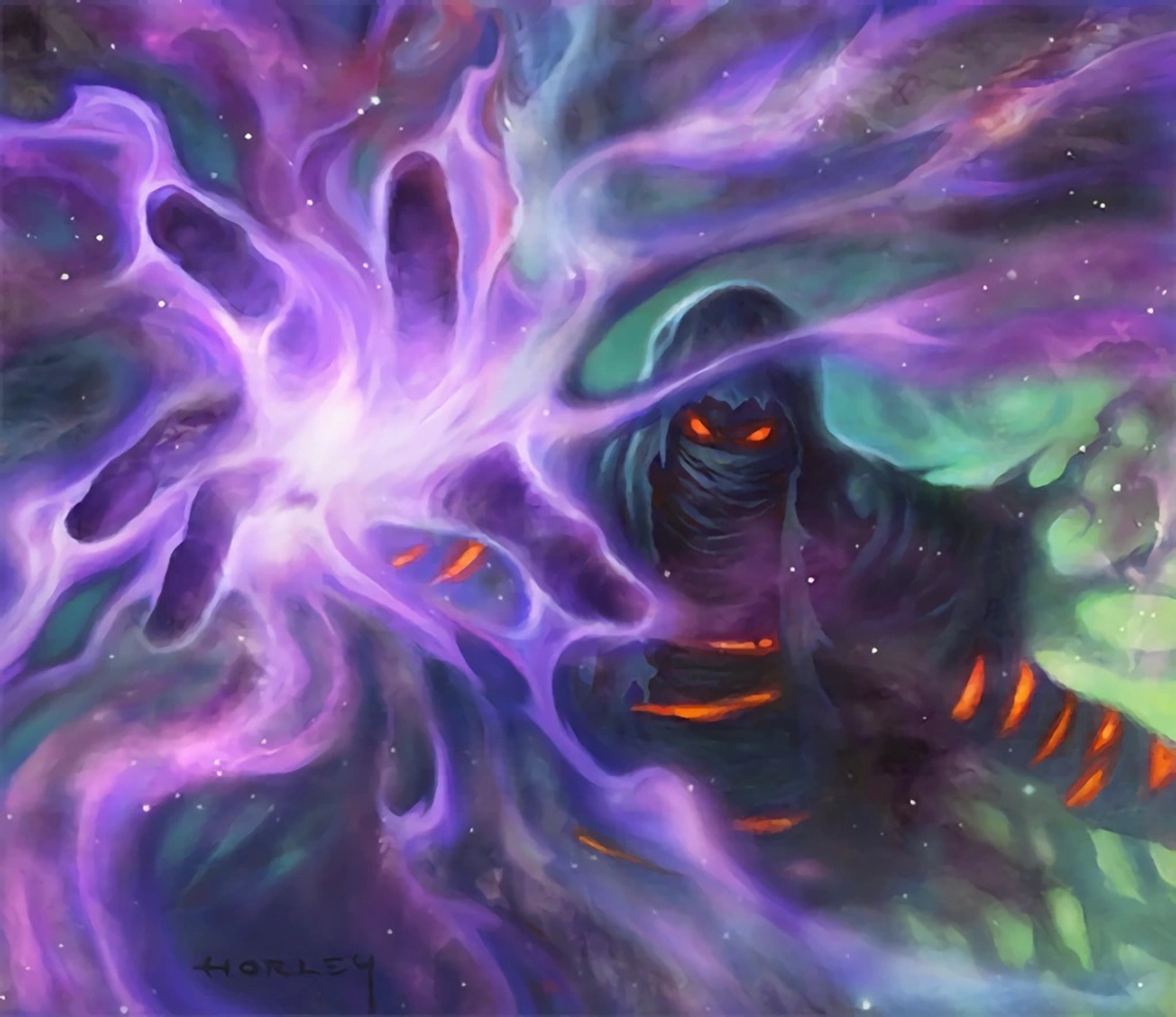 A dark, ethereal figure with glowing purple energy in a cosmic landscape