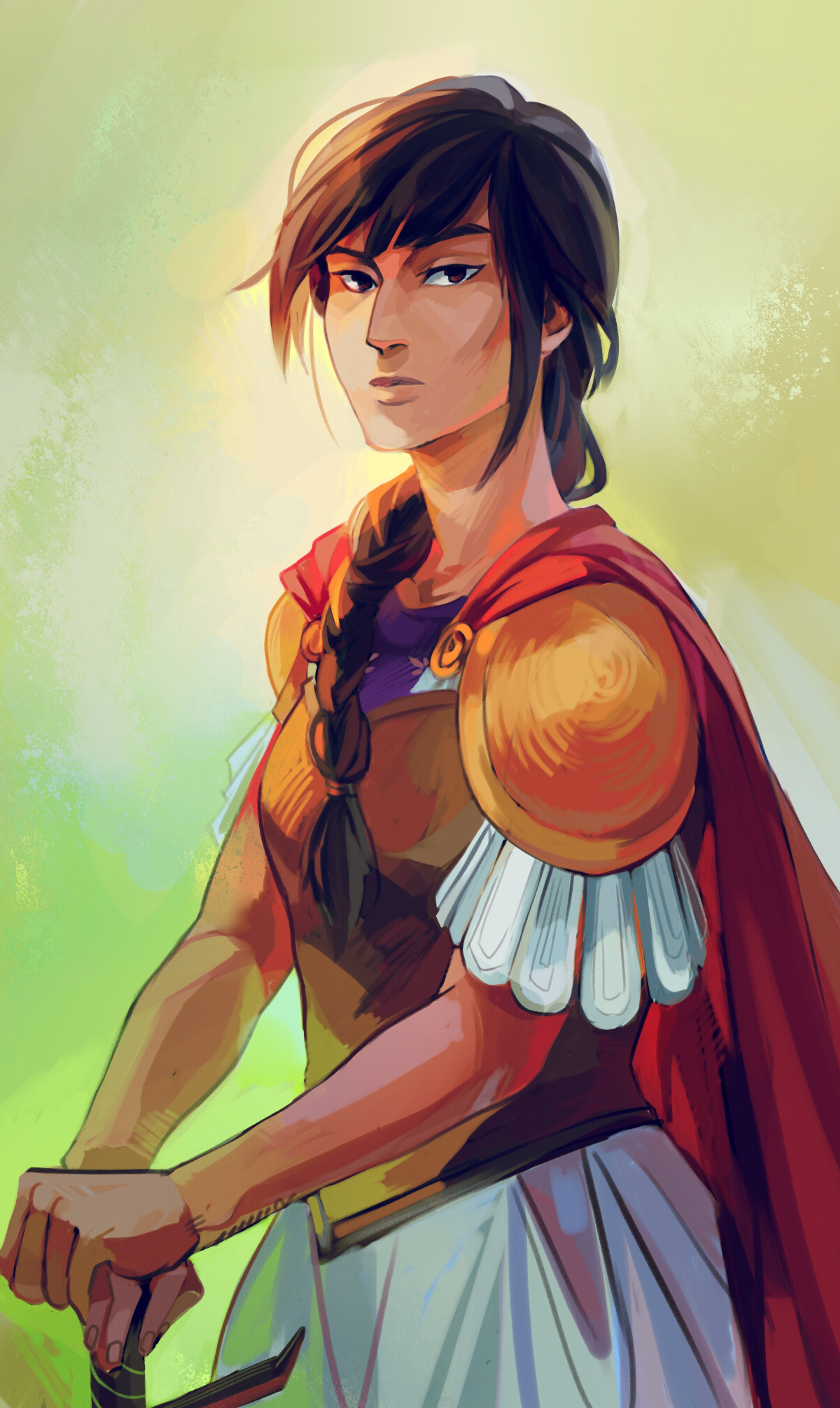 A fierce-looking young woman in Roman warrior attire