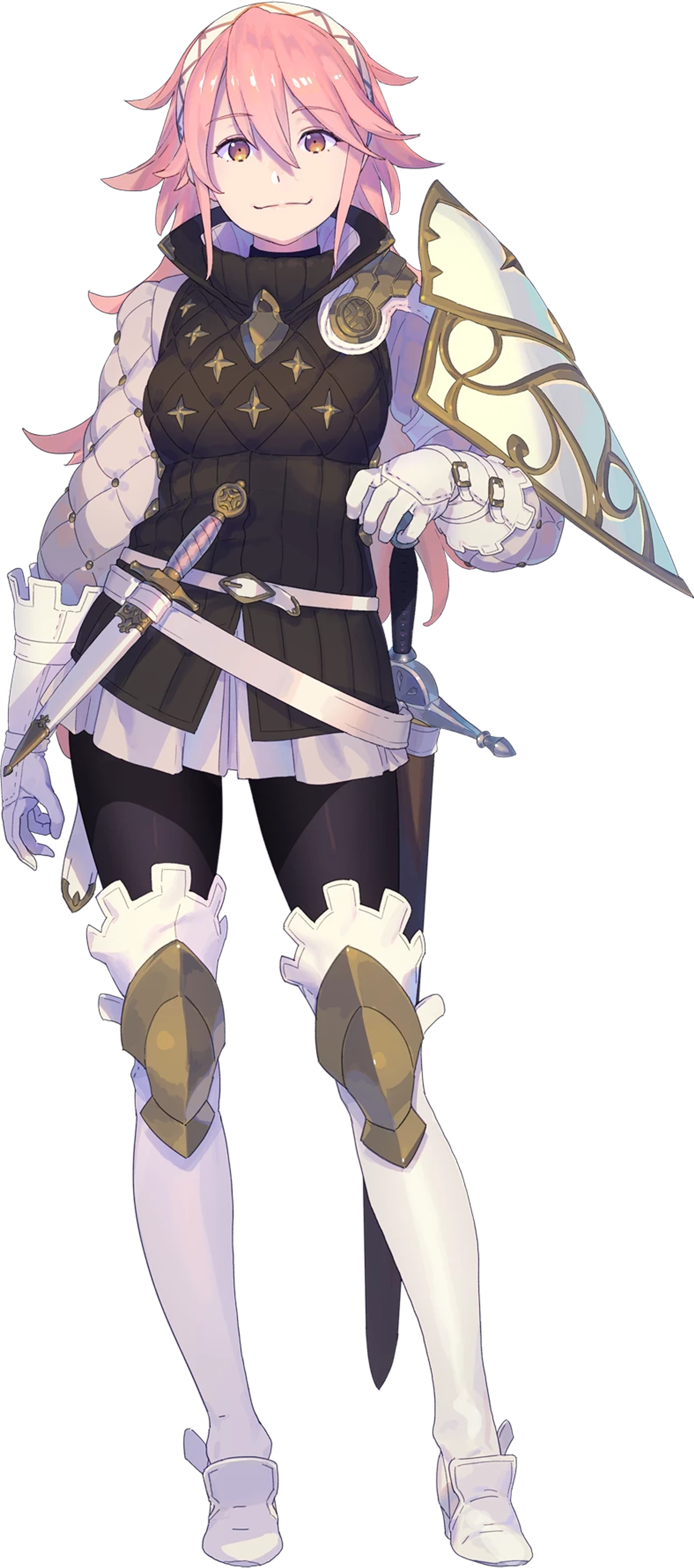 A young woman with pink hair wearing a black and gold outfit, holding a sword and smiling confidently.