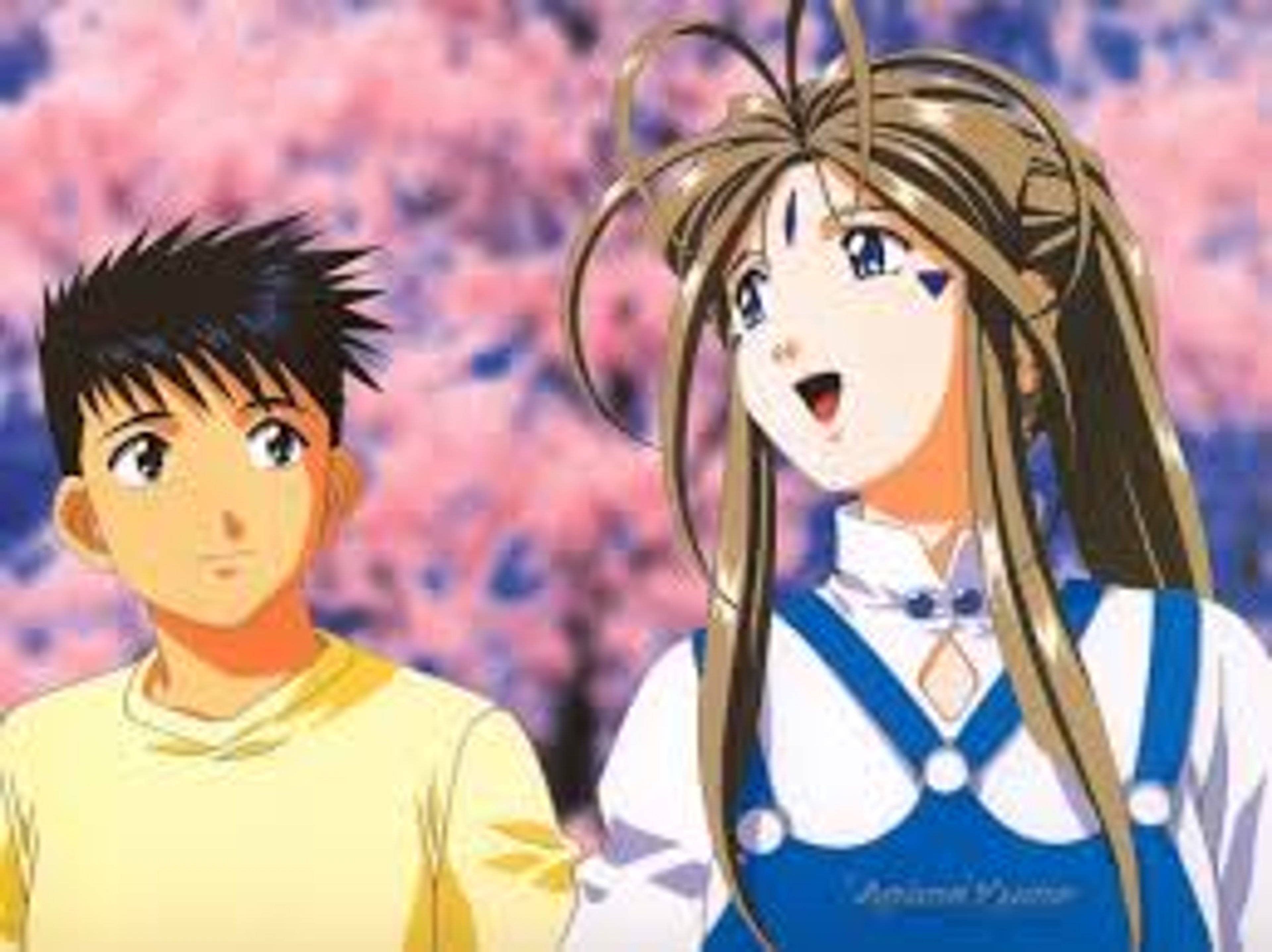Two anime characters, a young man and woman, standing together in a cherry blossom-filled background.
