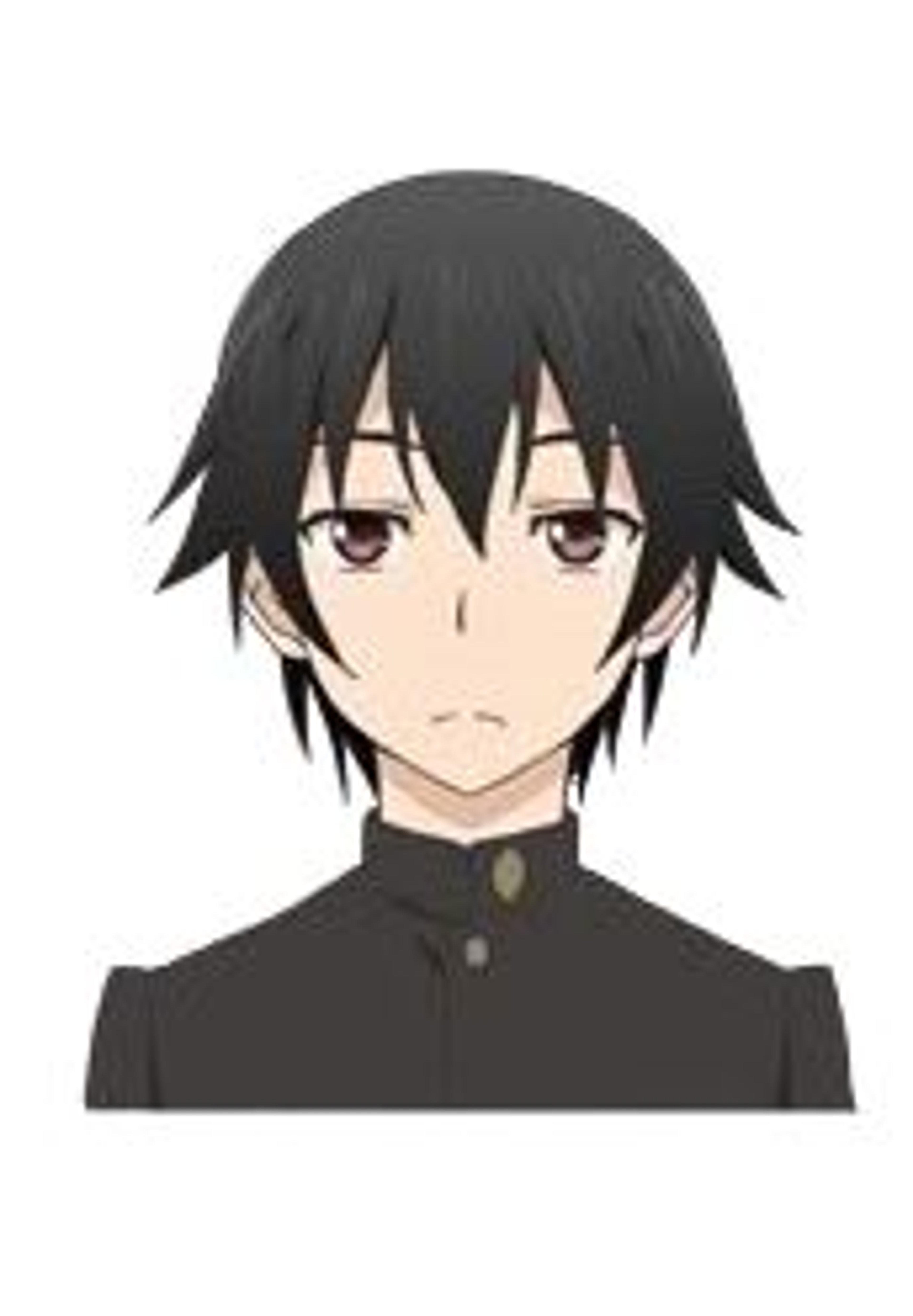 A young man with dark hair wearing a dark uniform or outfit