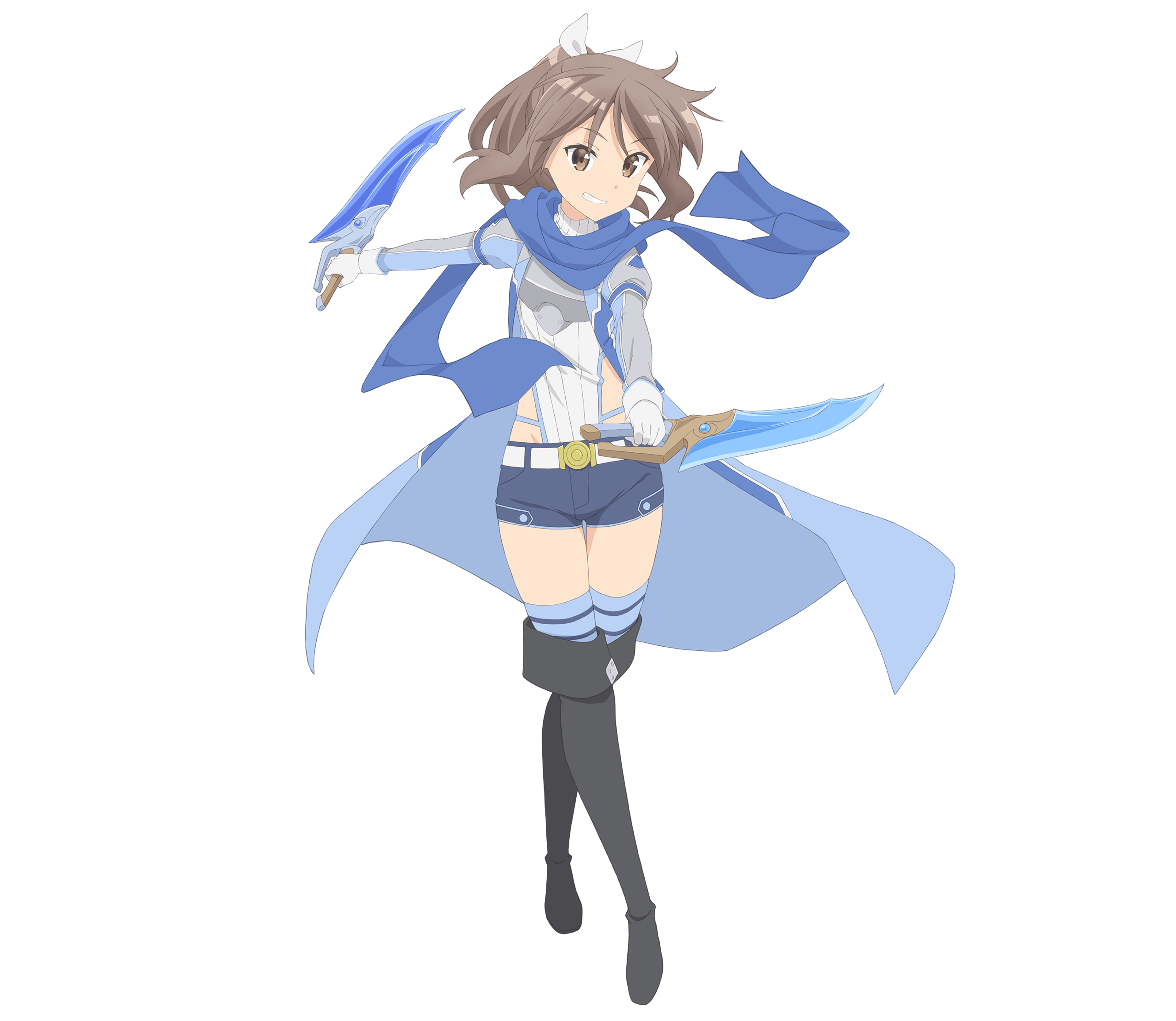 An anime-style character with ash brown hair and blue outfit