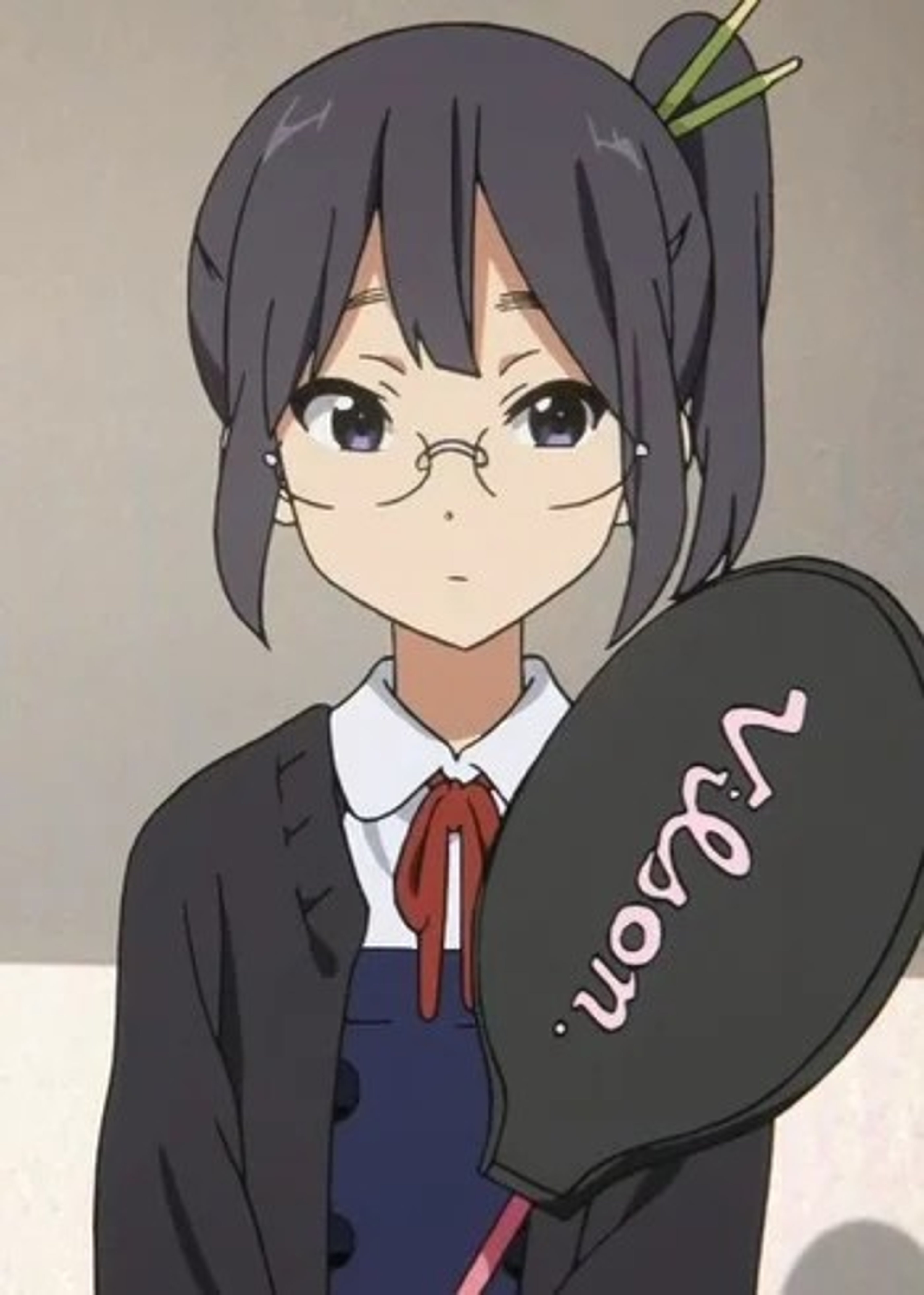 An anime-style character with short dark hair and glasses, wearing a school uniform with a red tie.
