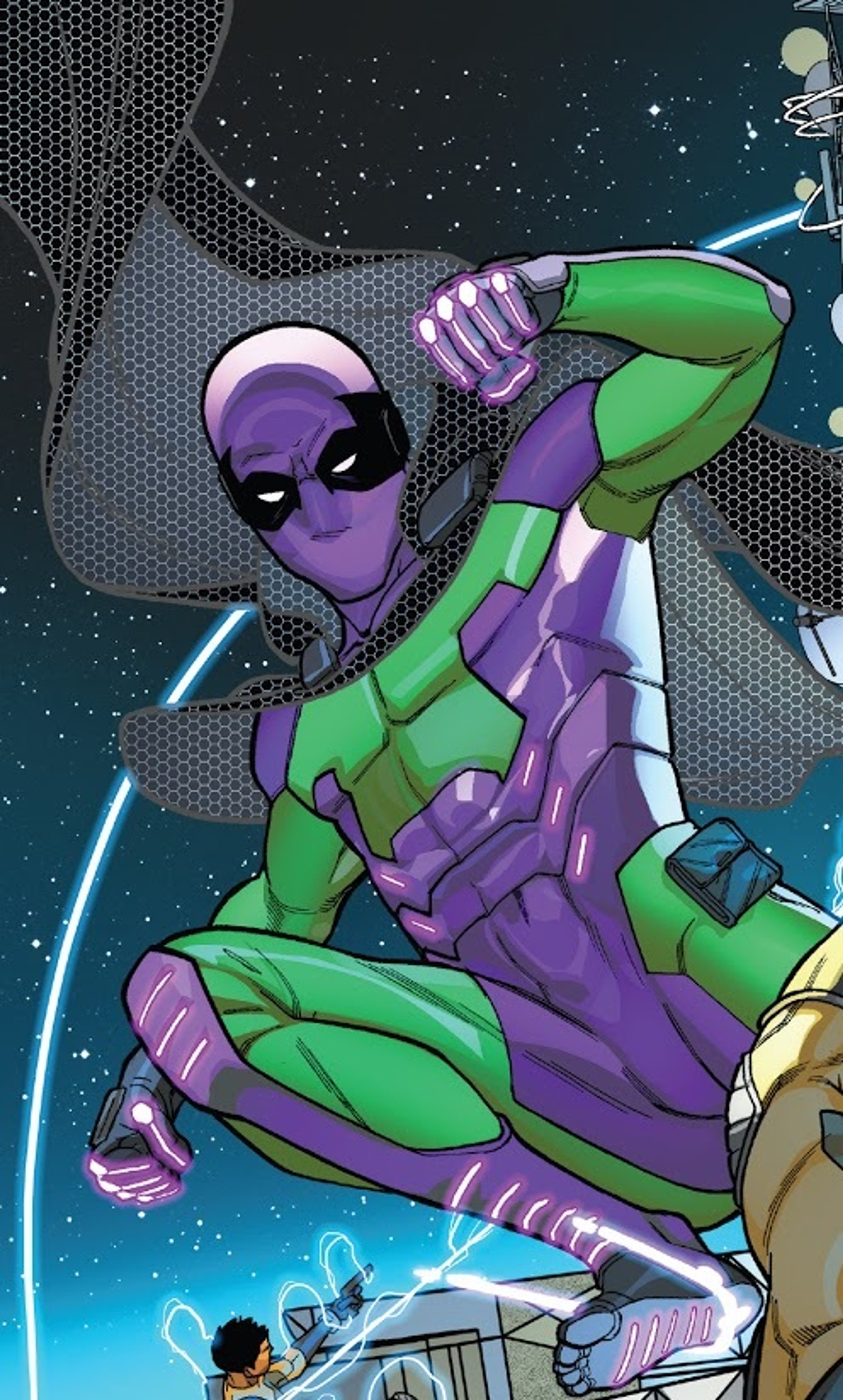 A muscular, green-skinned superhero character in a purple and green costume, in a fighting stance against a starry background.