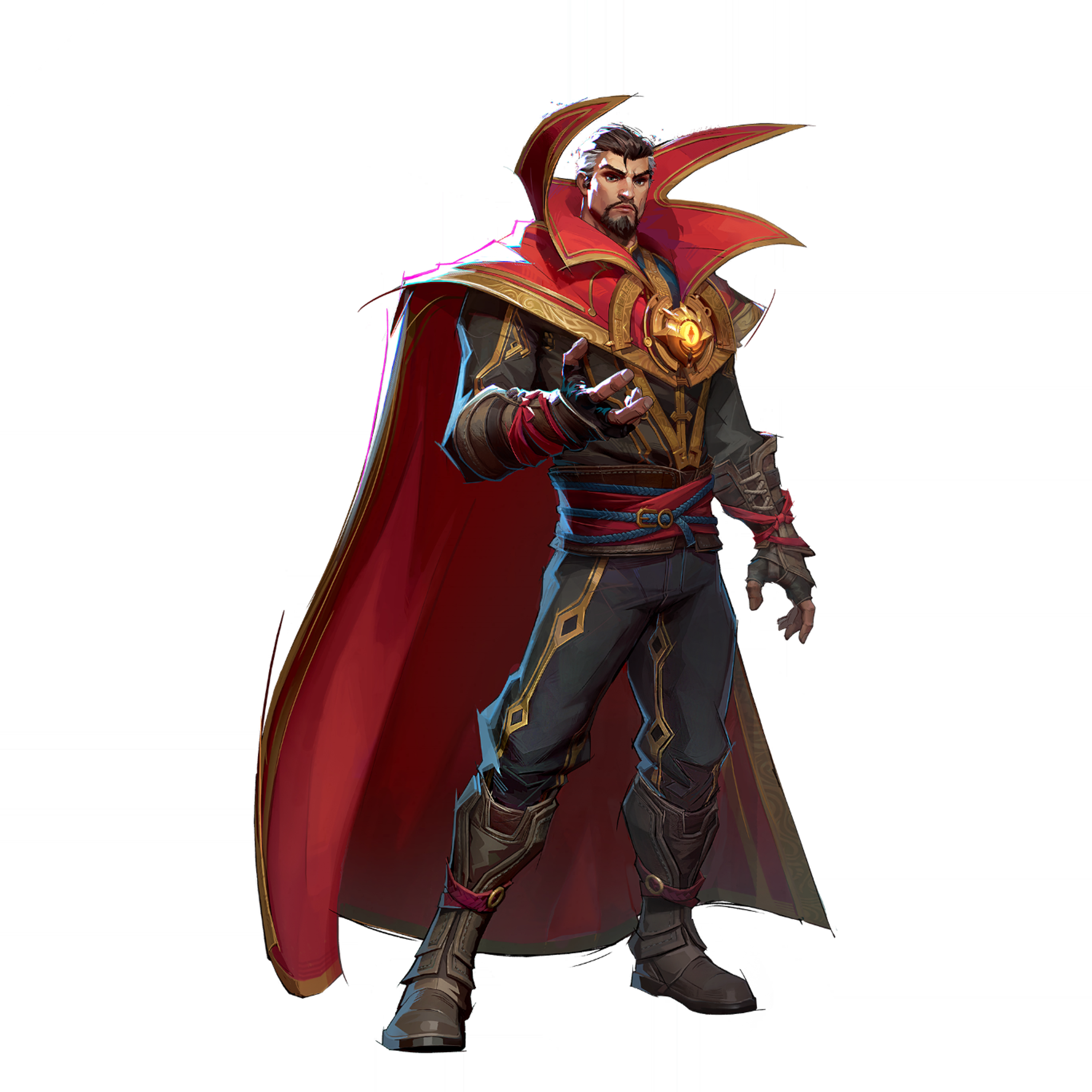 A powerful sorcerer in a red and gold costume wielding magical energy