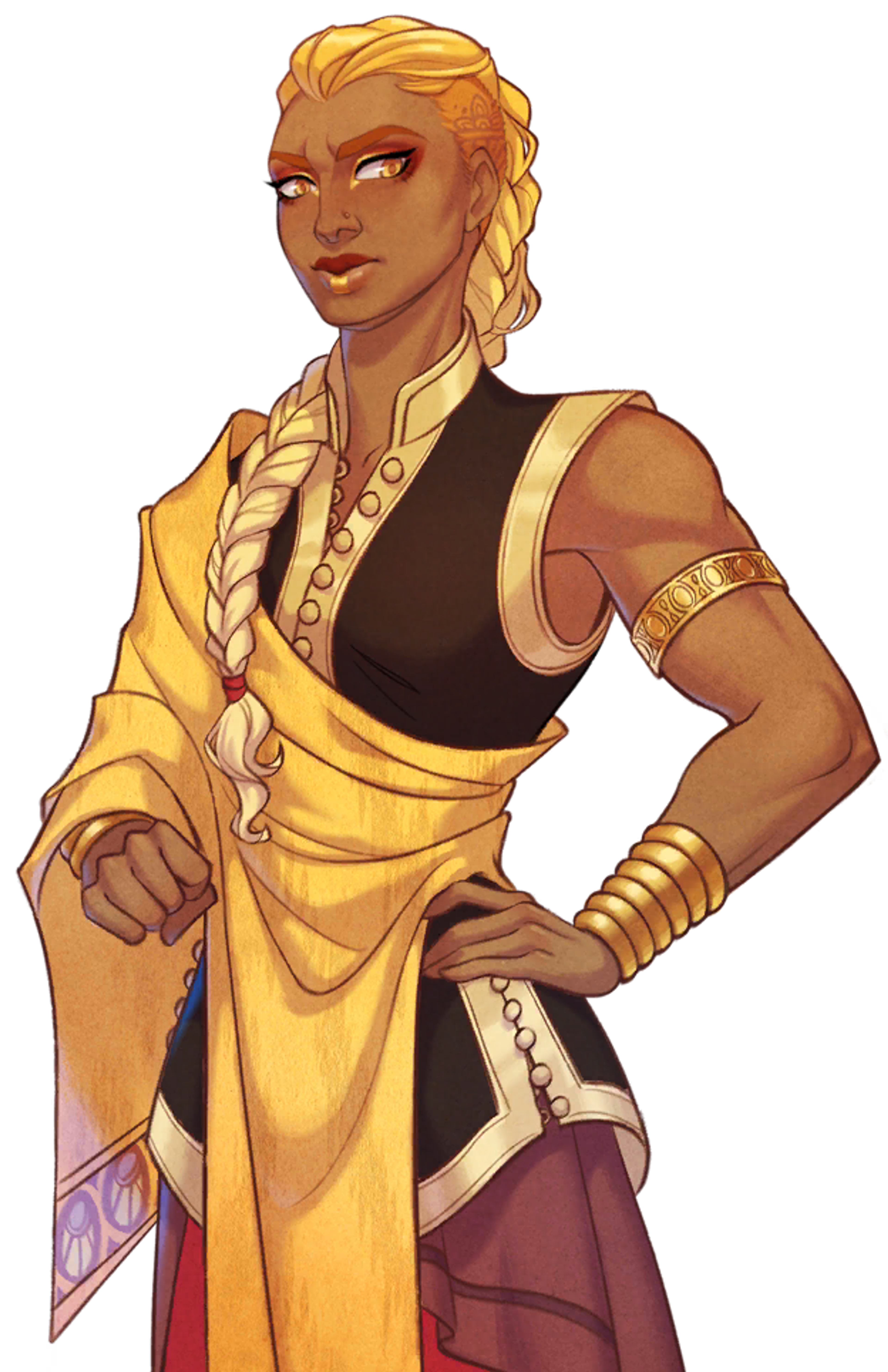 A warrior princess with a golden braid and ornate attire